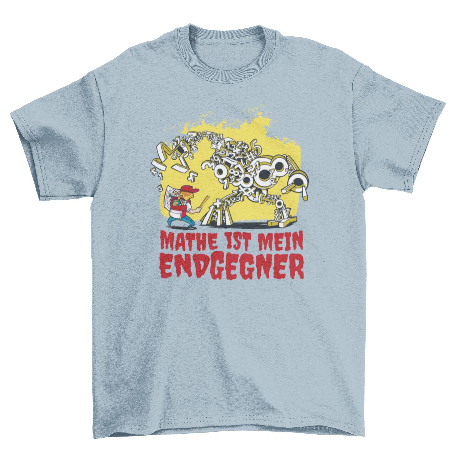 A colorful t-shirt featuring a boy battling a number monster with a German quote about math.
