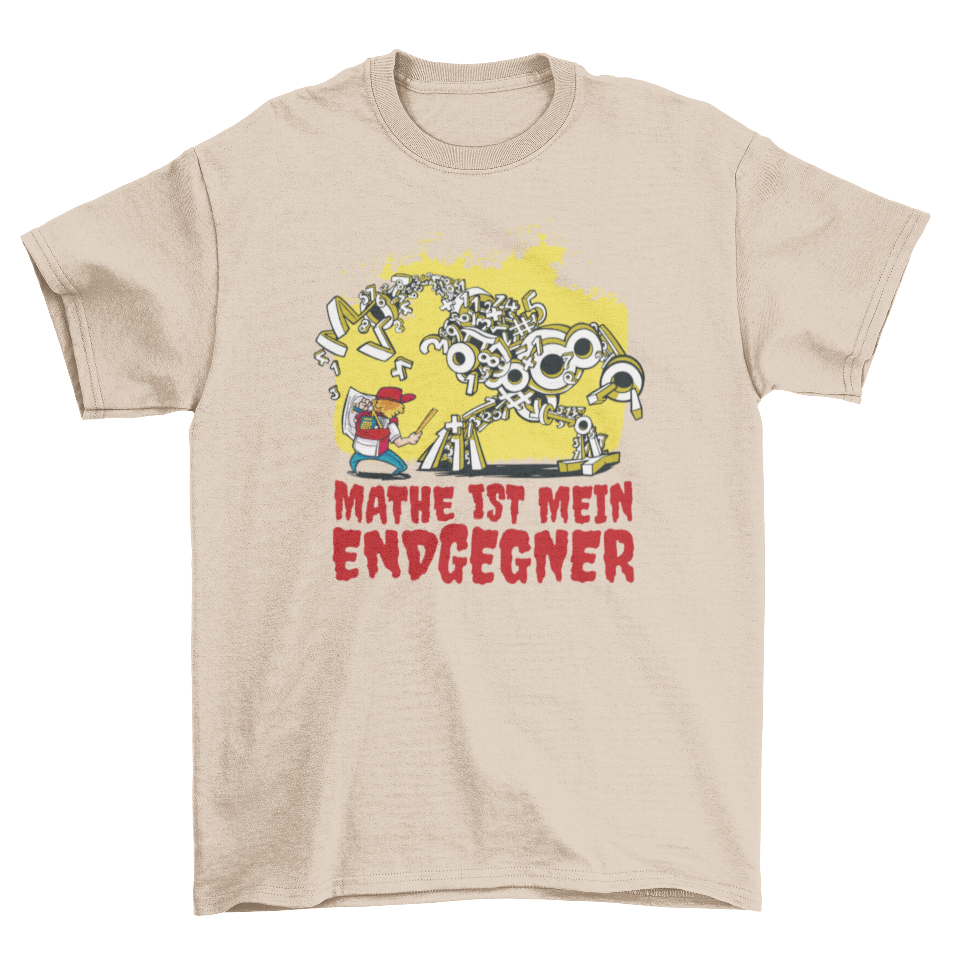 A colorful t-shirt featuring a boy battling a number monster with a German quote about math.