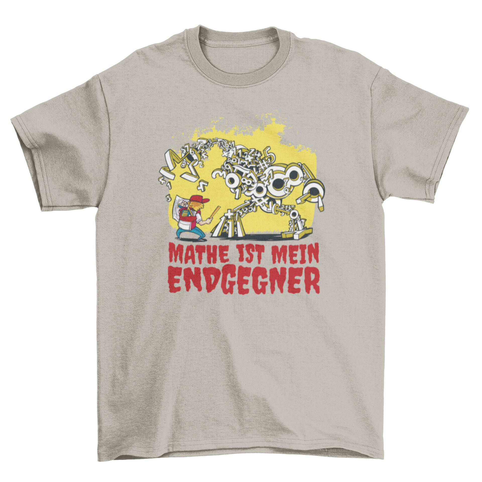 A colorful t-shirt featuring a boy battling a number monster with a German quote about math.