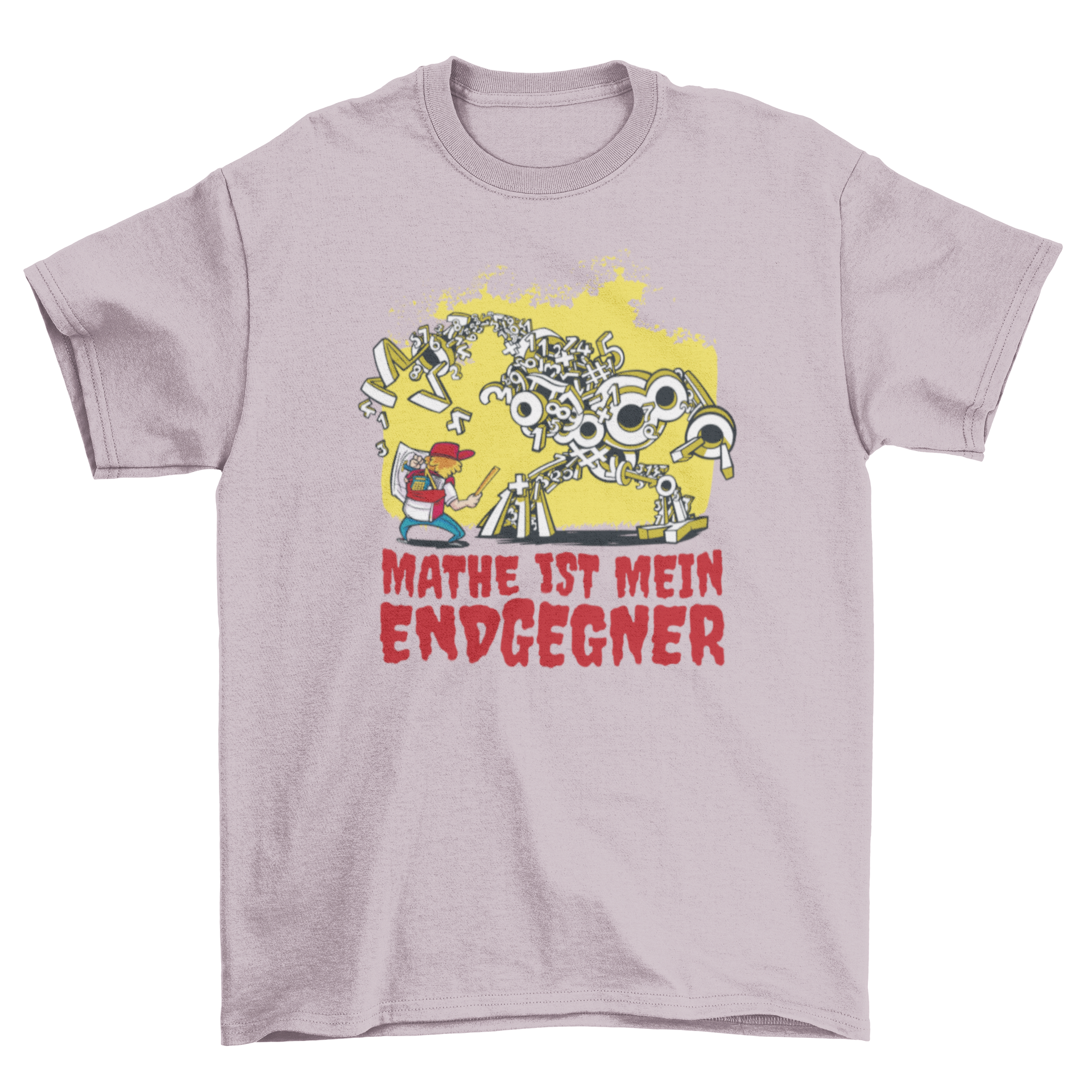 A colorful t-shirt featuring a boy battling a number monster with a German quote about math.