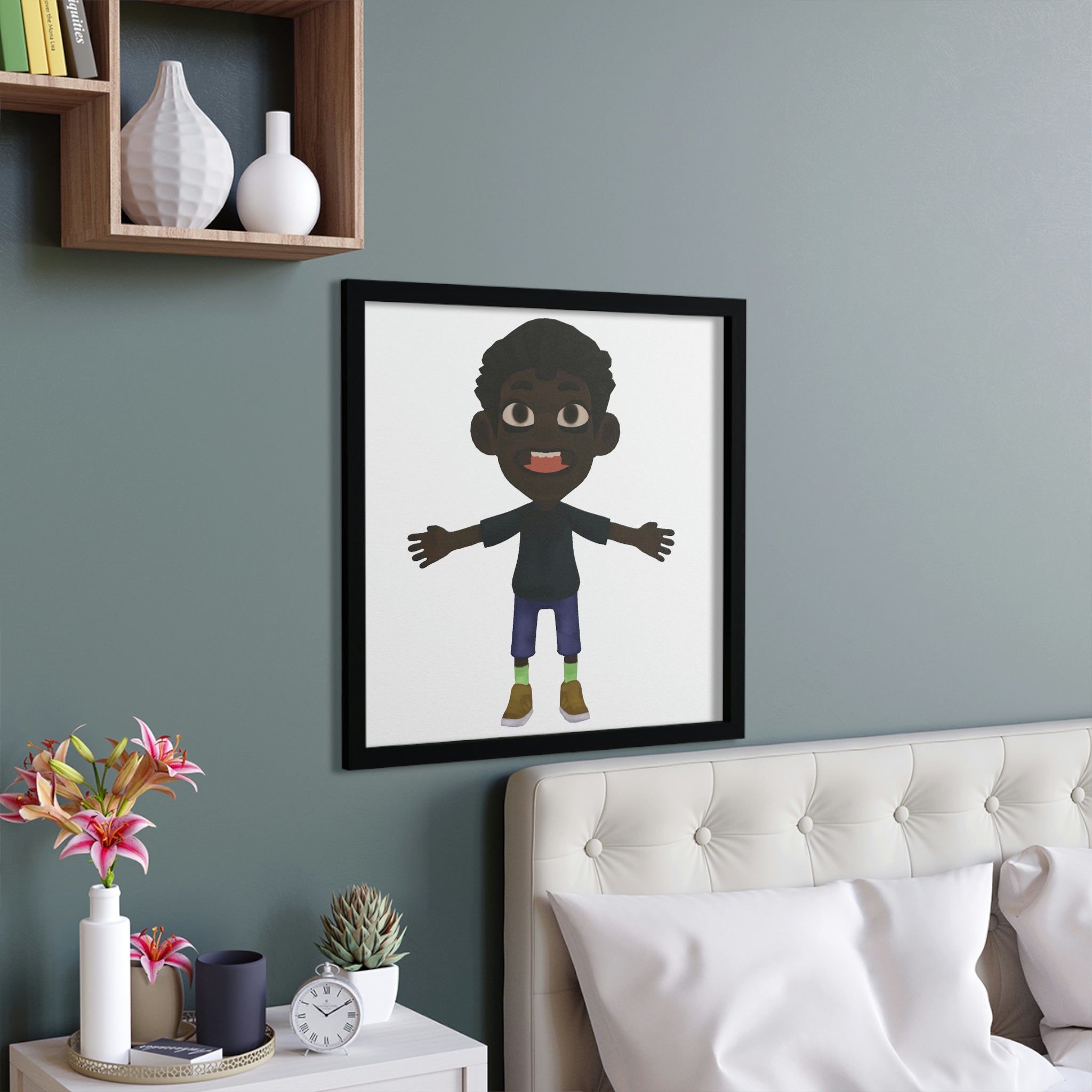 A stylish Boy Framed Poster featuring a handcrafted wooden frame, showcasing vibrant colors and unique designs, ready to enhance any space.
