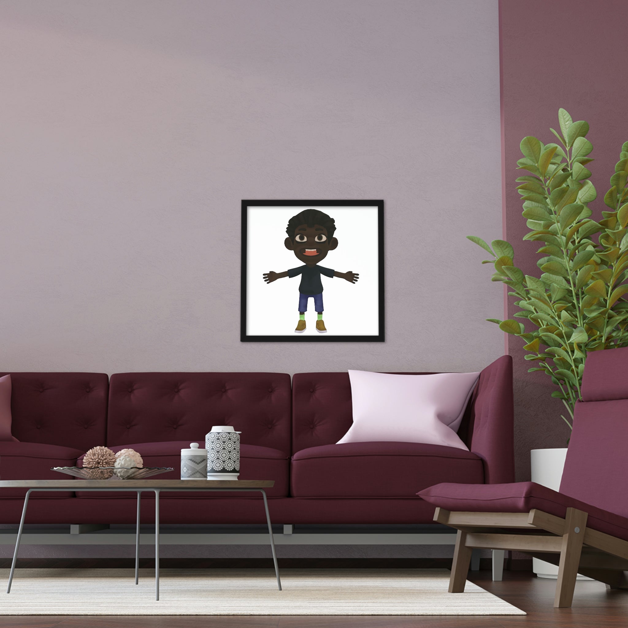 A stylish Boy Framed Poster featuring a handcrafted wooden frame, showcasing vibrant colors and unique designs, ready to enhance any space.