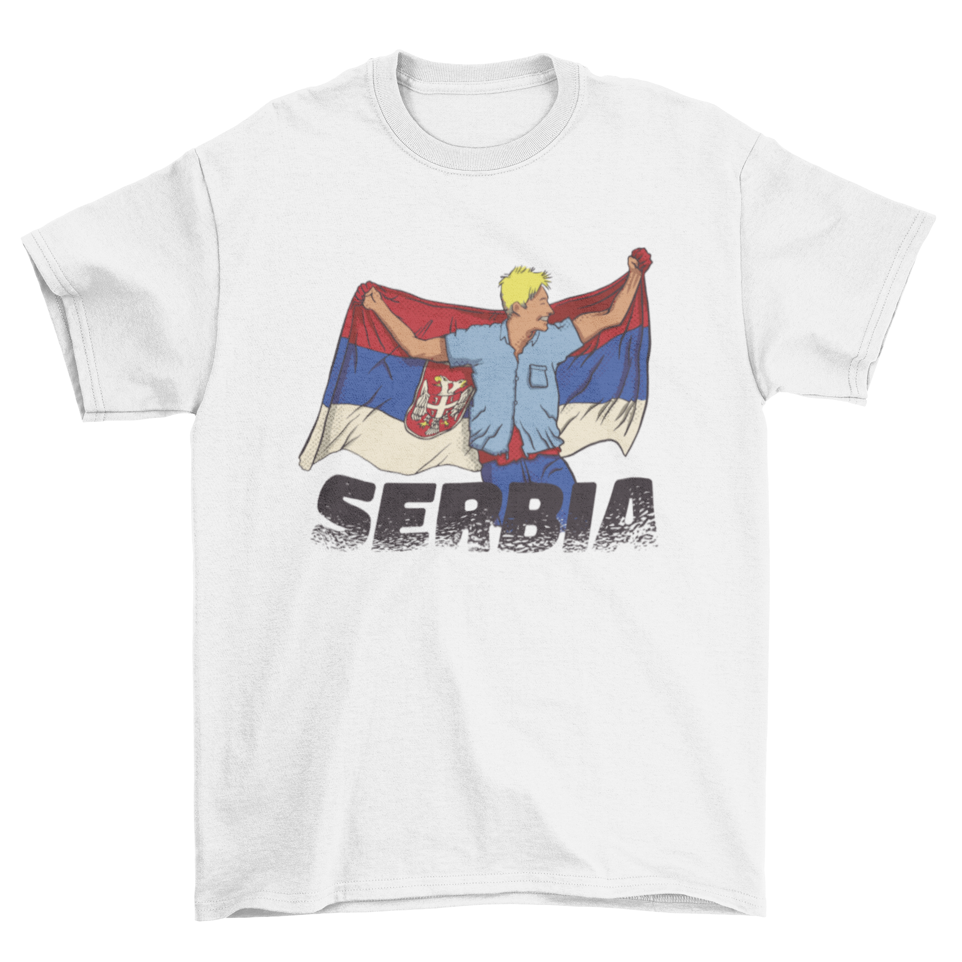 A stylish t-shirt featuring a boy proudly holding the Serbian flag, showcasing vibrant colors and a unique design.