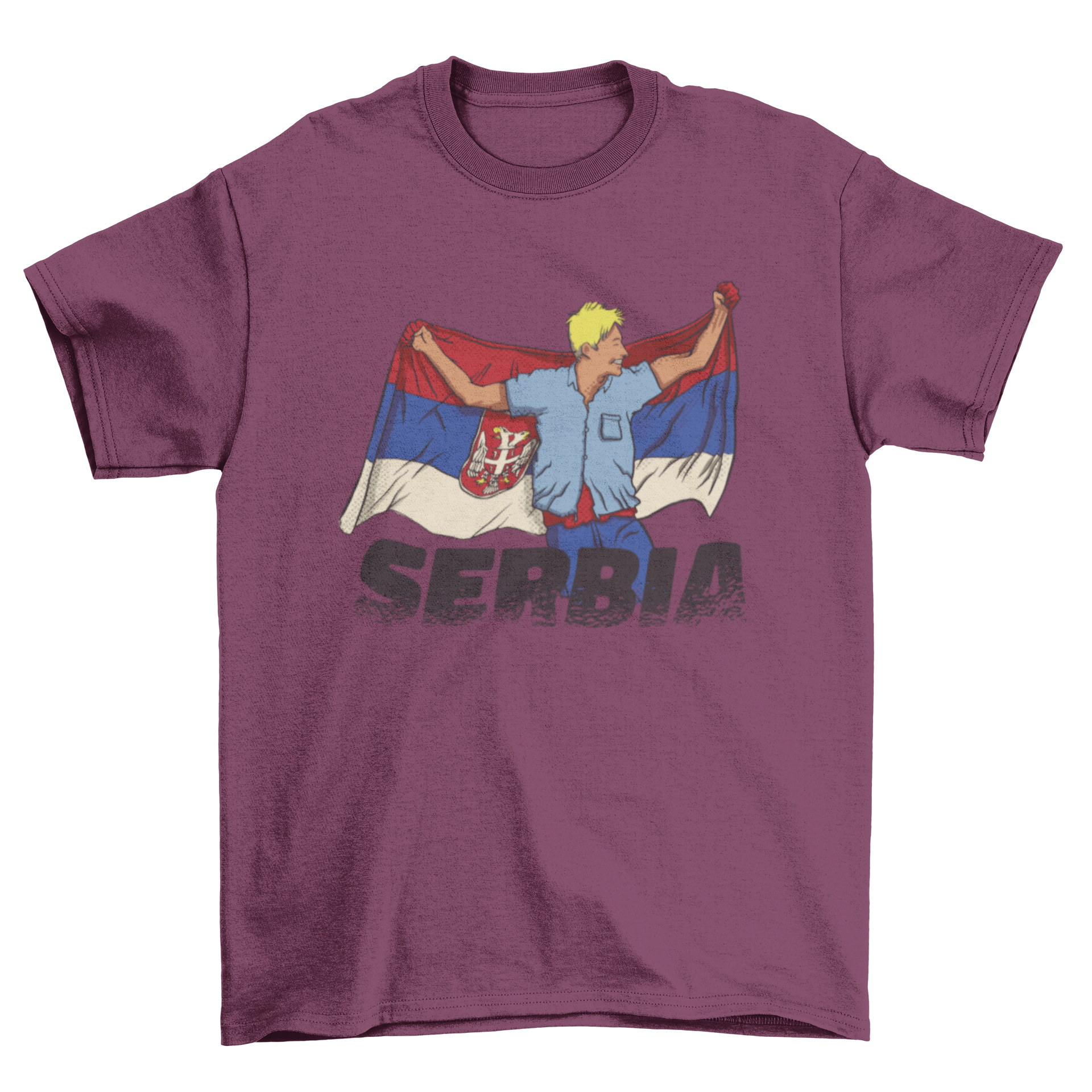 A stylish t-shirt featuring a boy proudly holding the Serbian flag, showcasing vibrant colors and a unique design.