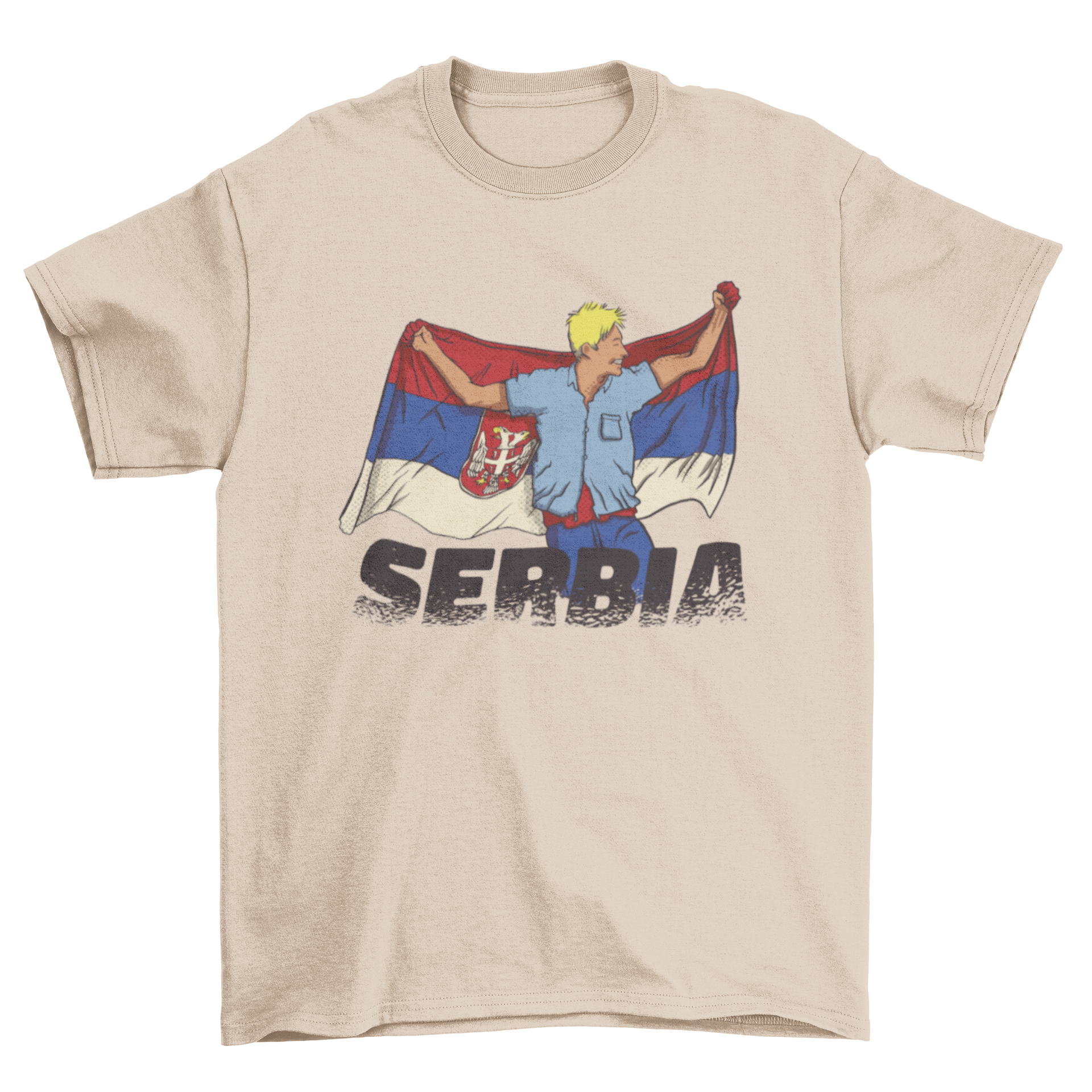 A stylish t-shirt featuring a boy proudly holding the Serbian flag, showcasing vibrant colors and a unique design.