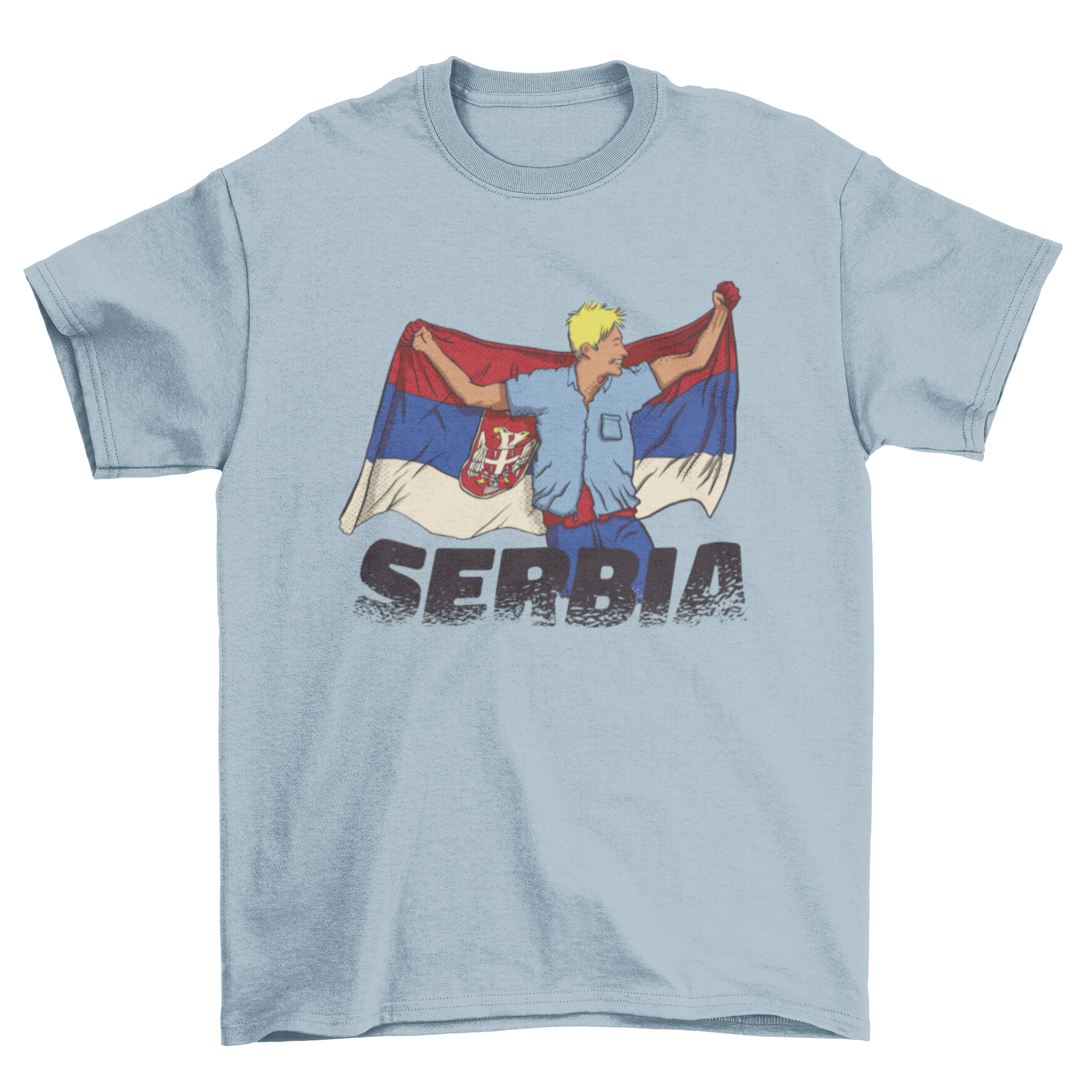 A stylish t-shirt featuring a boy proudly holding the Serbian flag, showcasing vibrant colors and a unique design.