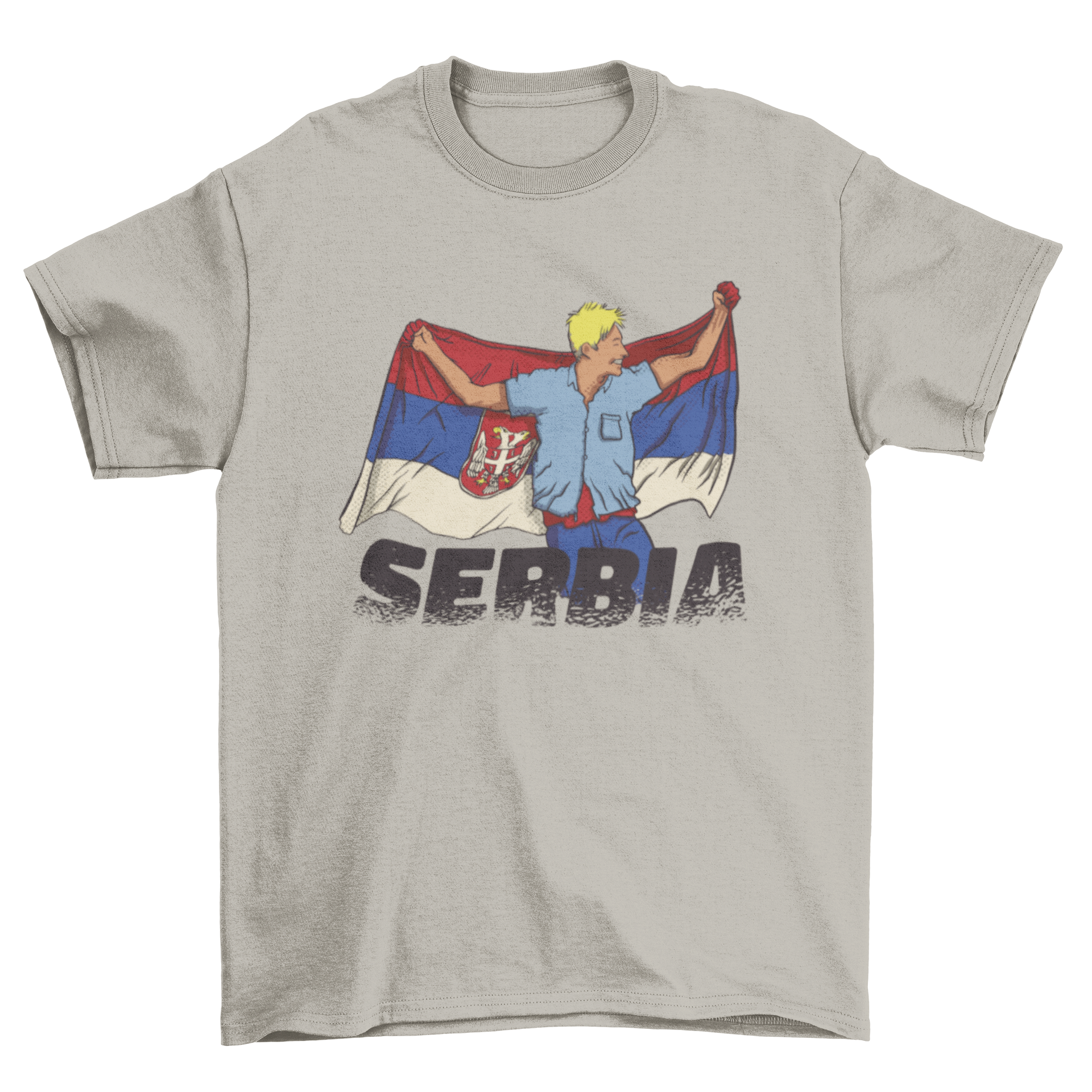 A stylish t-shirt featuring a boy proudly holding the Serbian flag, showcasing vibrant colors and a unique design.