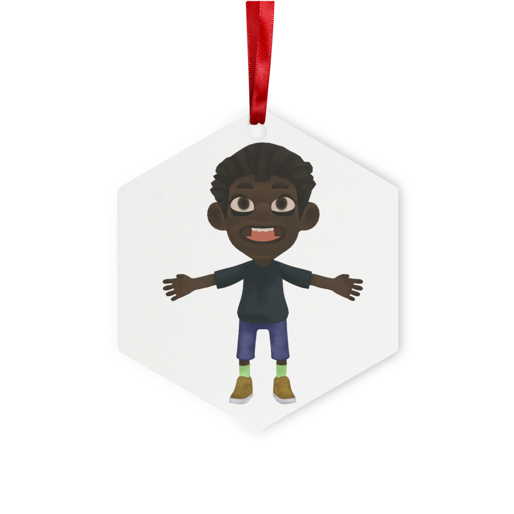 Boy Metal Hanging Ornament in hexagon and star shapes, glossy white finish, includes red ribbon and gold string, beautifully packaged.