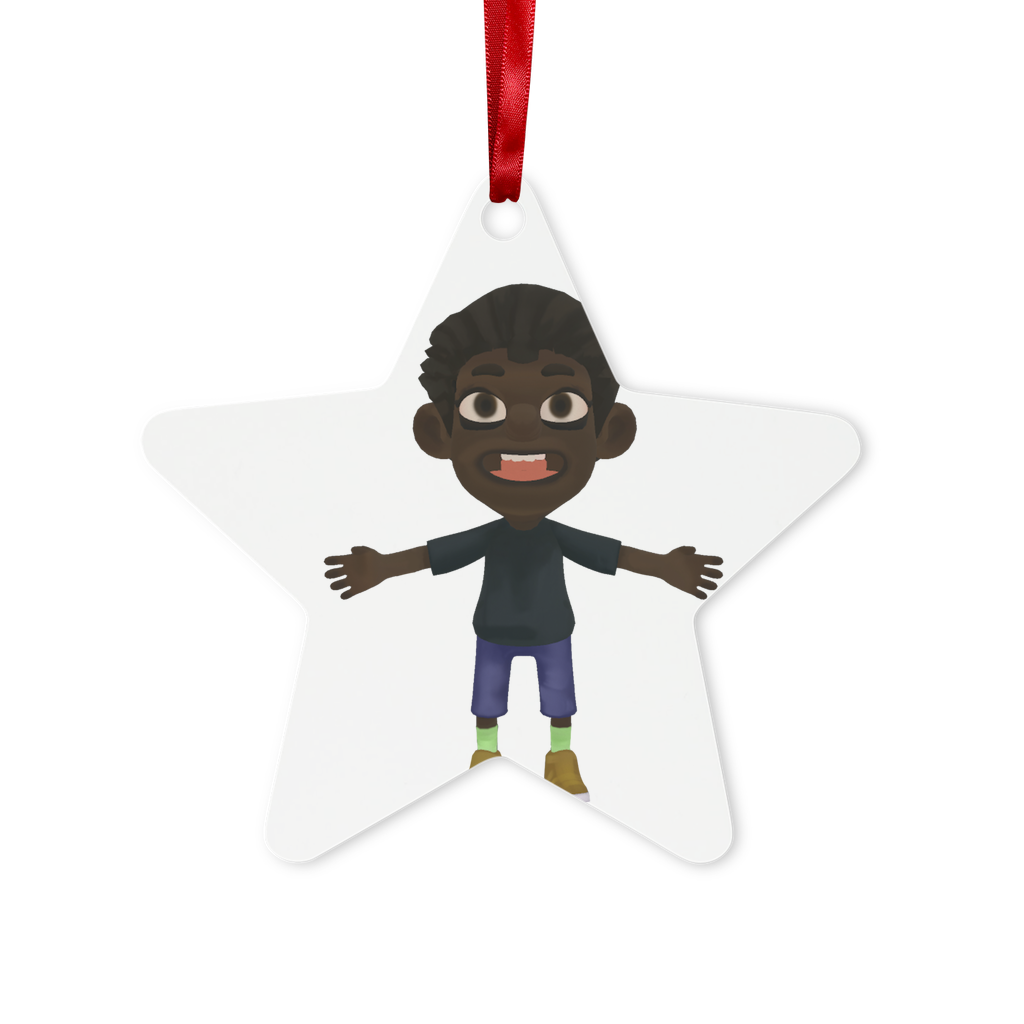 Boy Metal Hanging Ornament in hexagon and star shapes, glossy white finish, includes red ribbon and gold string, beautifully packaged.