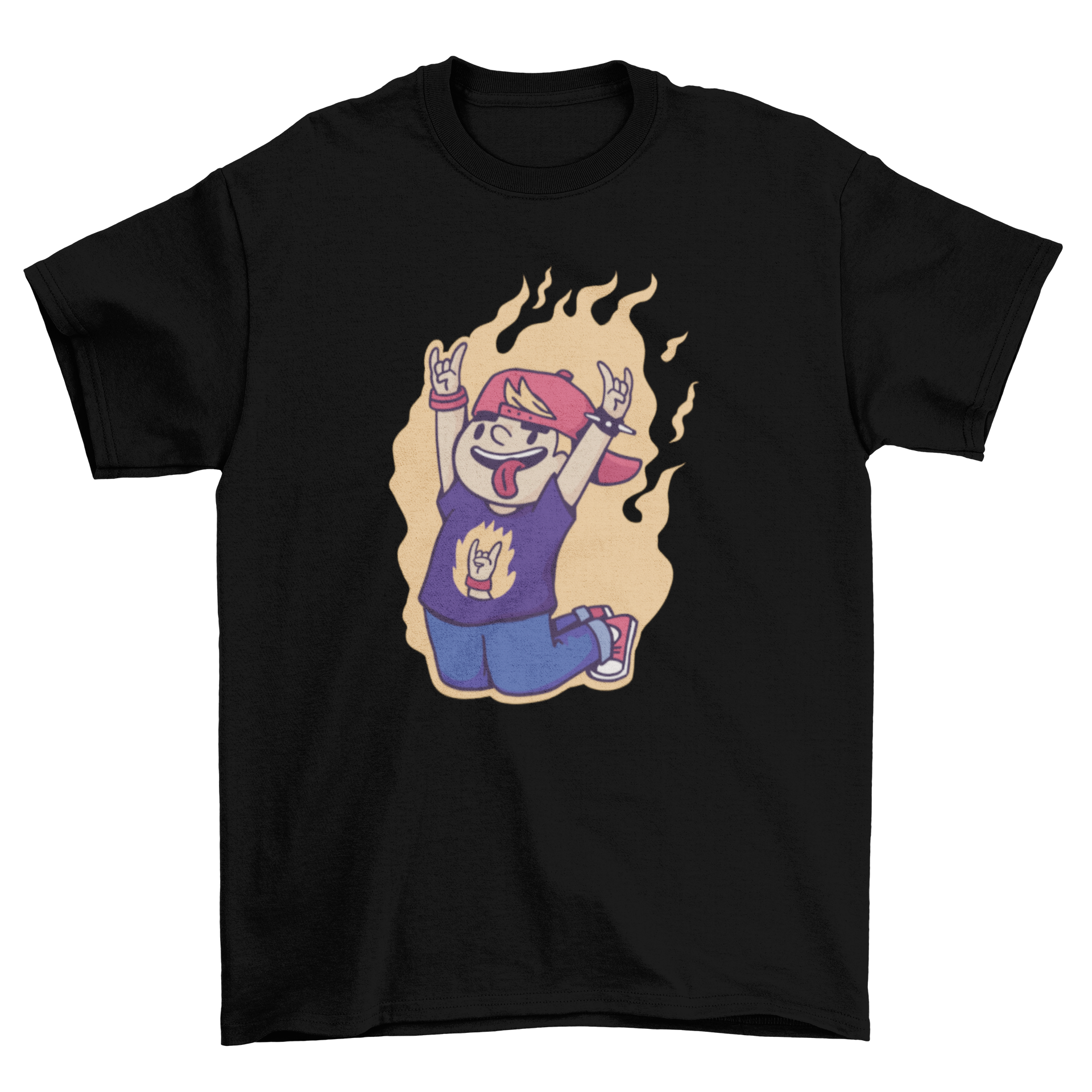 Boy Rock n Roll on Fire T-Shirt featuring a cartoon design of a young rock fan with a guitar and flames.