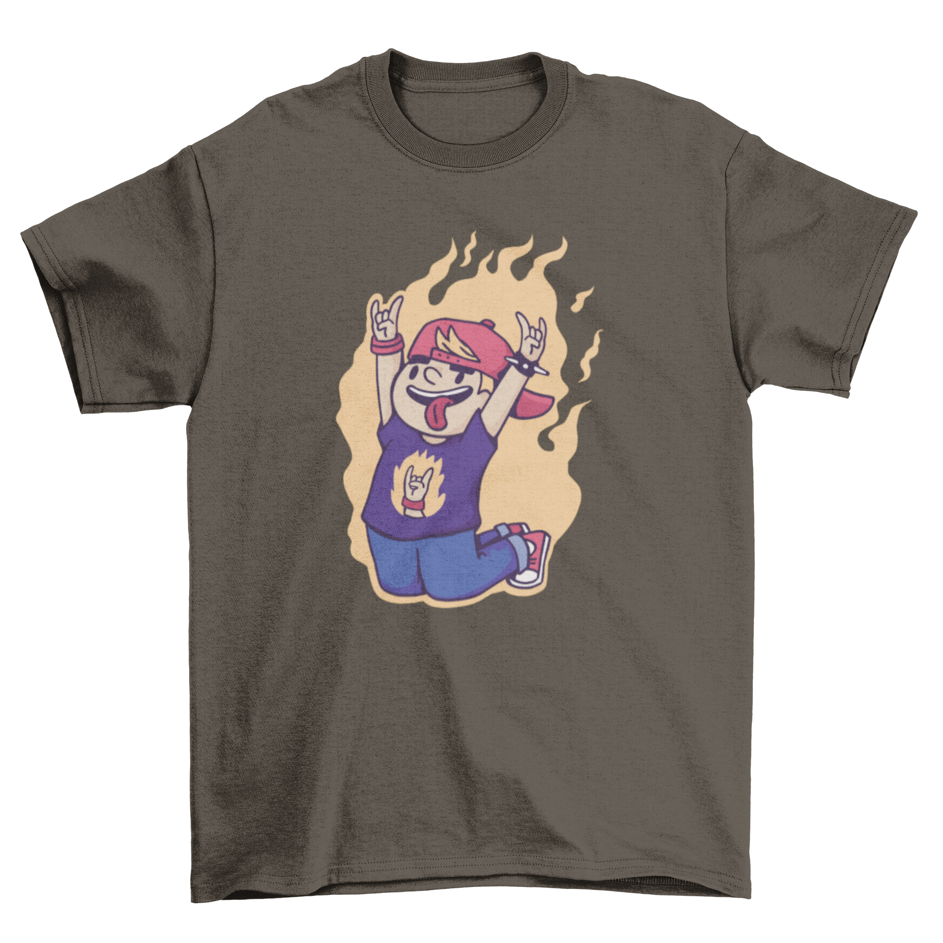 Boy Rock n Roll on Fire T-Shirt featuring a cartoon design of a young rock fan with a guitar and flames.