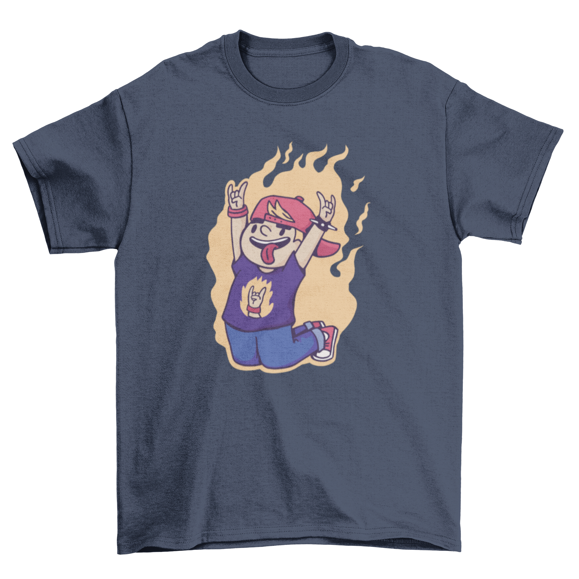 Boy Rock n Roll on Fire T-Shirt featuring a cartoon design of a young rock fan with a guitar and flames.