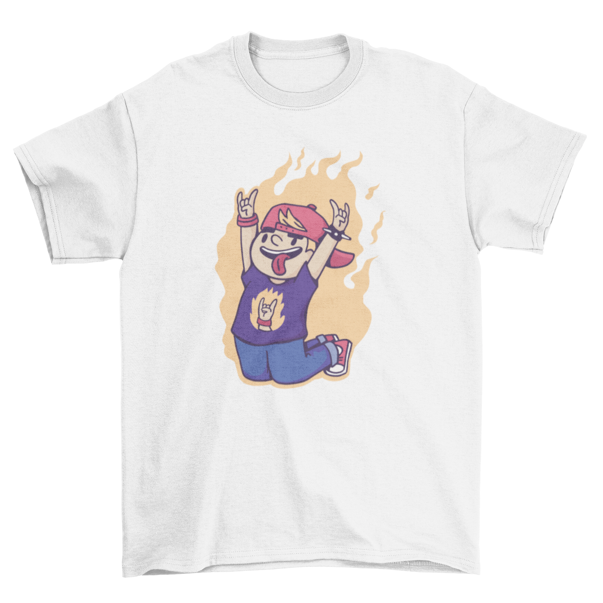 Boy Rock n Roll on Fire T-Shirt featuring a cartoon design of a young rock fan with a guitar and flames.