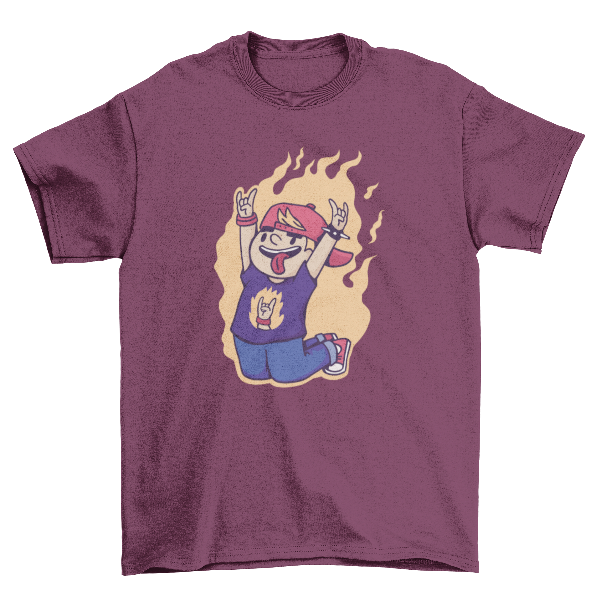 Boy Rock n Roll on Fire T-Shirt featuring a cartoon design of a young rock fan with a guitar and flames.