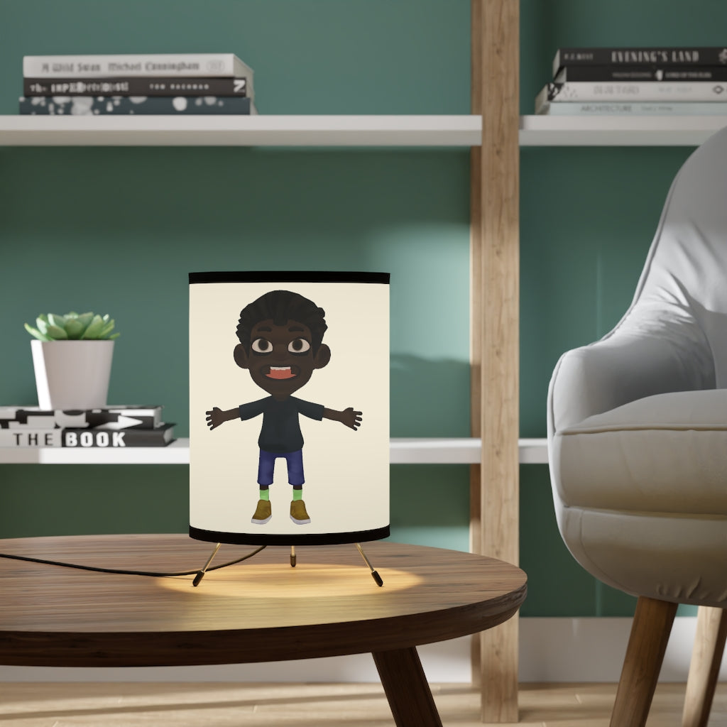 Boy Tripod Lamp featuring a galvanized steel base and a high-resolution printed shade, ideal for personalized home decor.