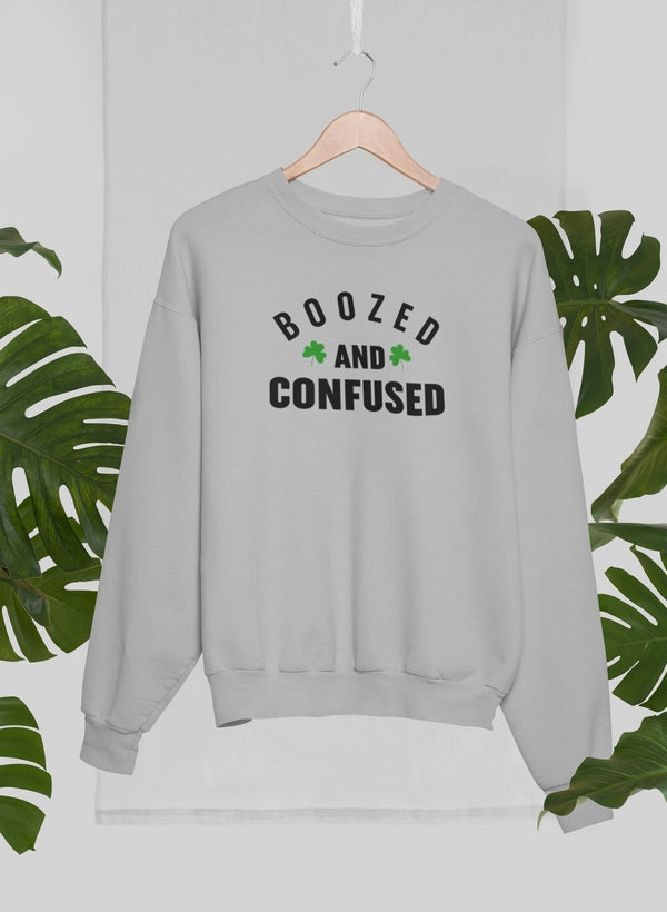 Boozed & Confused Sweat Shirt featuring a unique artistic design, made from warm cotton/poly fleece blend with adjustable cuffs.