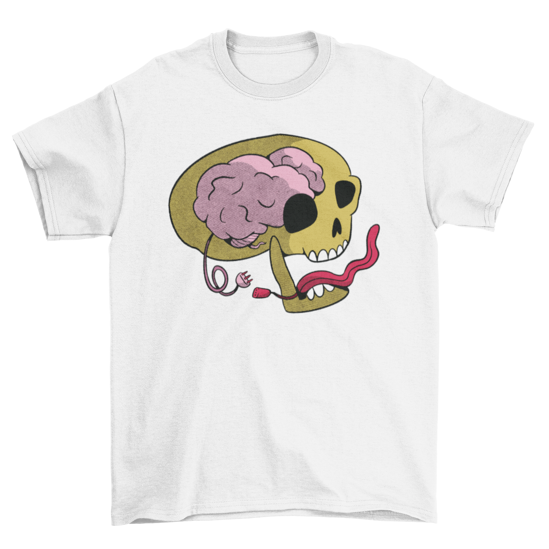 A stylish t-shirt featuring a skull design with a brain and a disconnected tongue, perfect for edgy fashion lovers.
