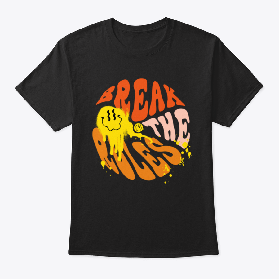 Break The Rules 70s Groovy Retro Inspirational Design Shirt displayed on a mannequin, showcasing its vibrant colors and classic fit.