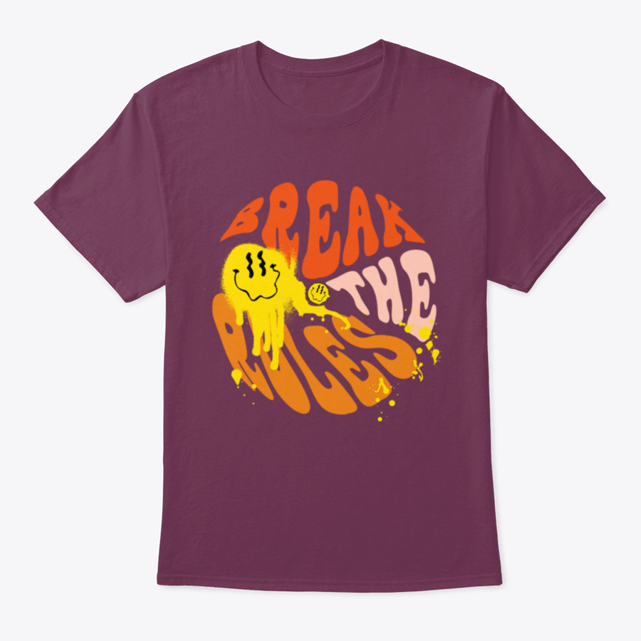 Break The Rules 70s Groovy Retro Inspirational Design Shirt displayed on a mannequin, showcasing its vibrant colors and classic fit.