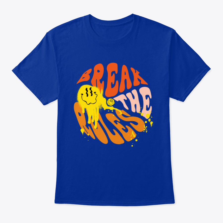 Break The Rules 70s Groovy Retro Inspirational Design Shirt displayed on a mannequin, showcasing its vibrant colors and classic fit.