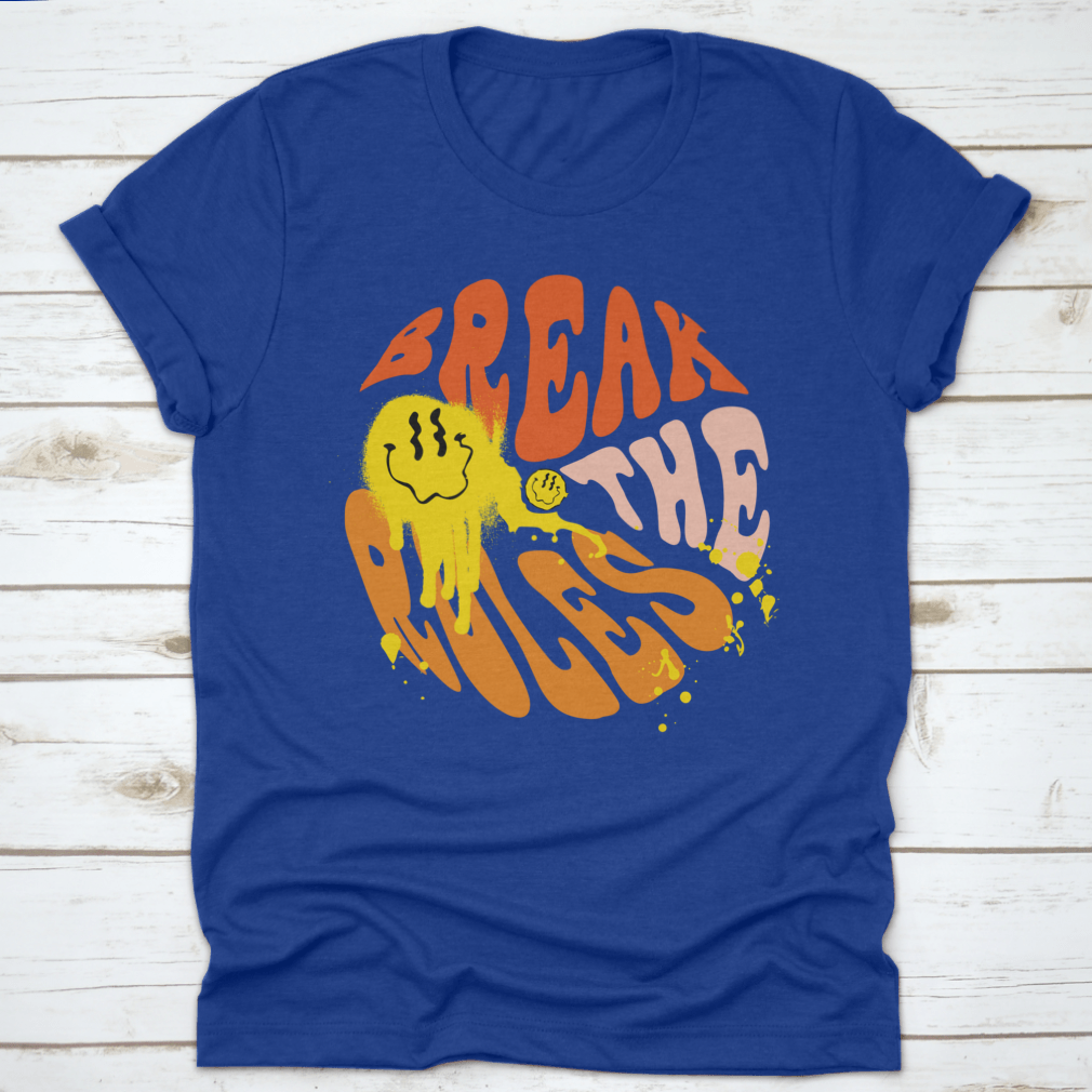 Break The Rules 70s Groovy Retro Inspirational Design Shirt displayed on a mannequin, showcasing its vibrant colors and classic fit.