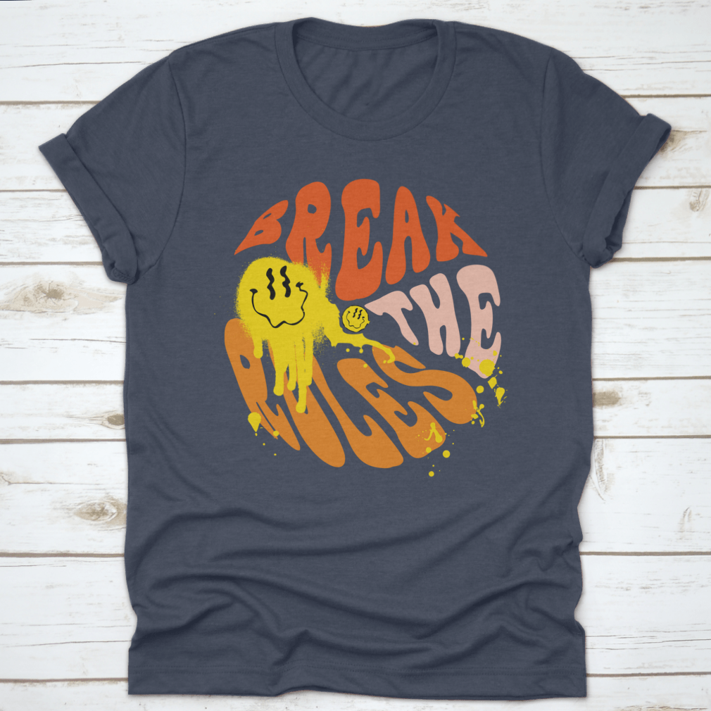 Break The Rules 70s Groovy Retro Inspirational Design Shirt displayed on a mannequin, showcasing its vibrant colors and classic fit.