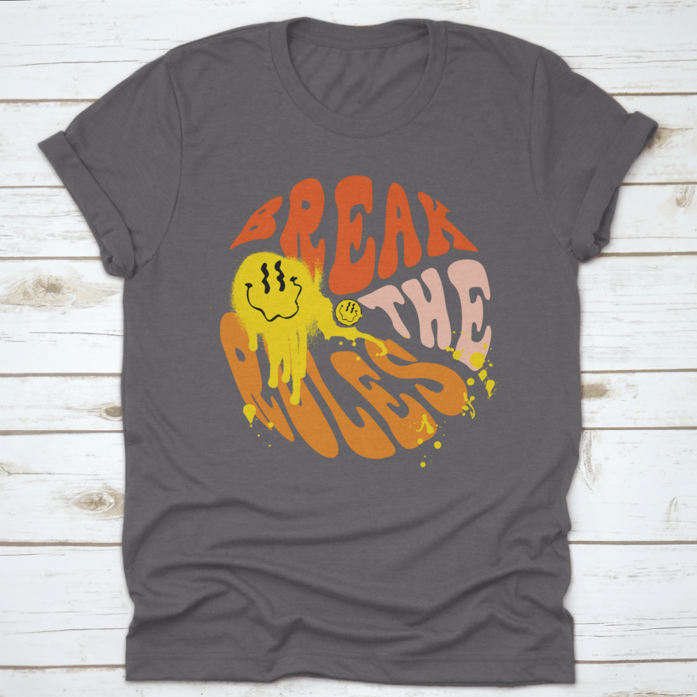 Break The Rules 70s Groovy Retro Inspirational Design Shirt displayed on a mannequin, showcasing its vibrant colors and classic fit.