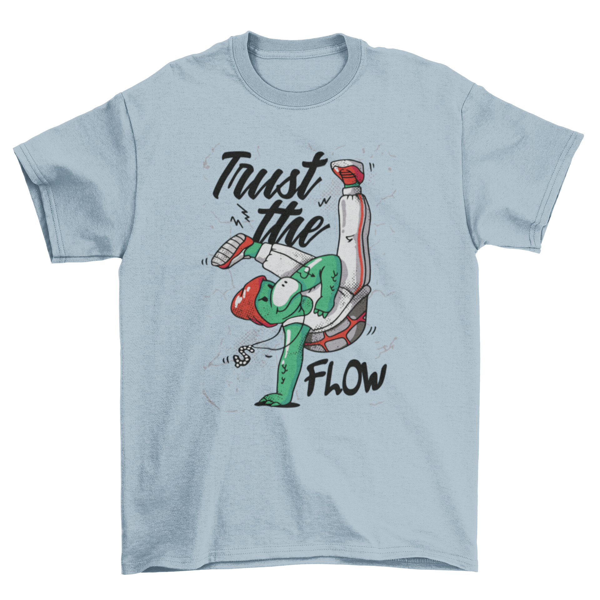 A vibrant cartoon turtle character dancing with the quote 'Trust the flow' on a stylish t-shirt.