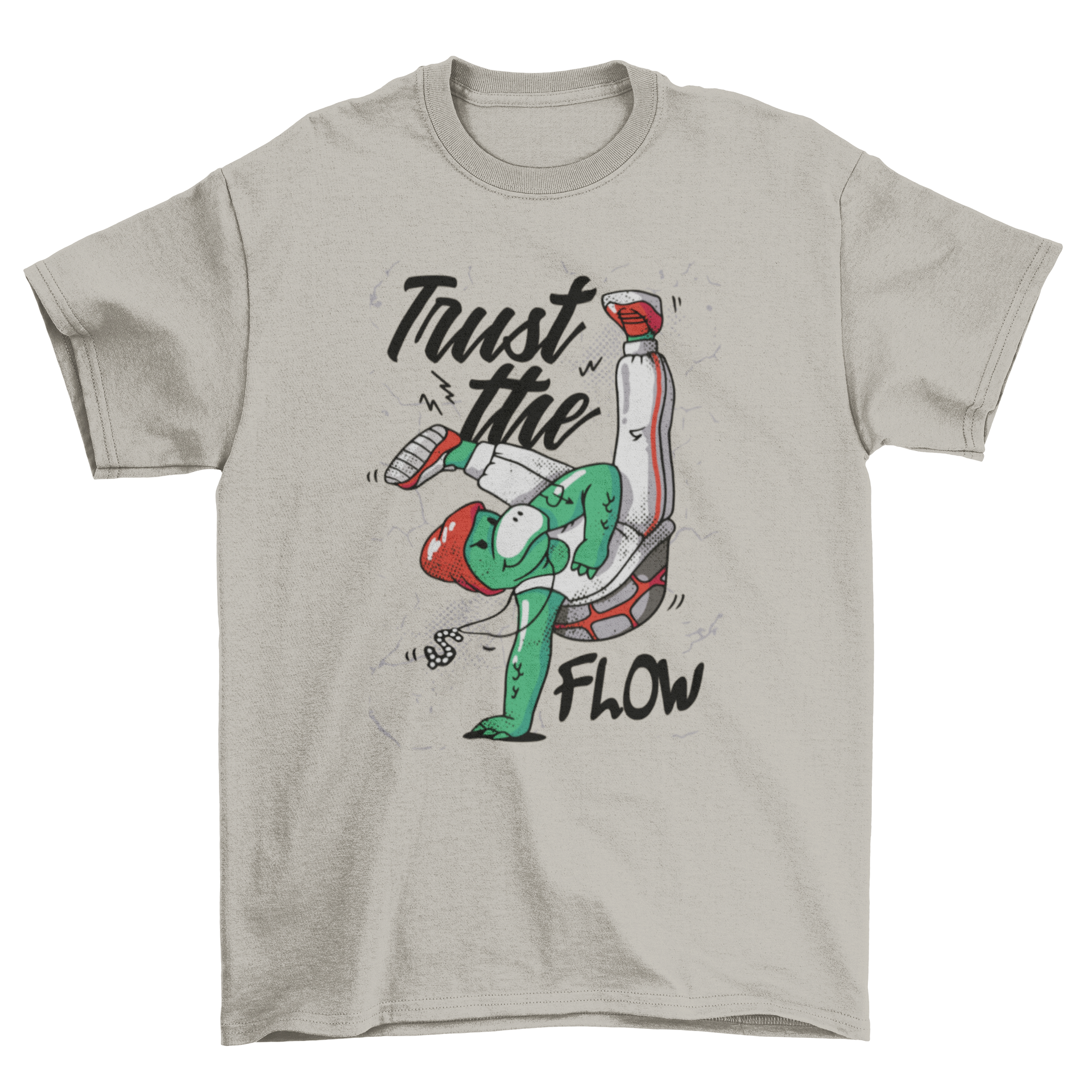 A vibrant cartoon turtle character dancing with the quote 'Trust the flow' on a stylish t-shirt.