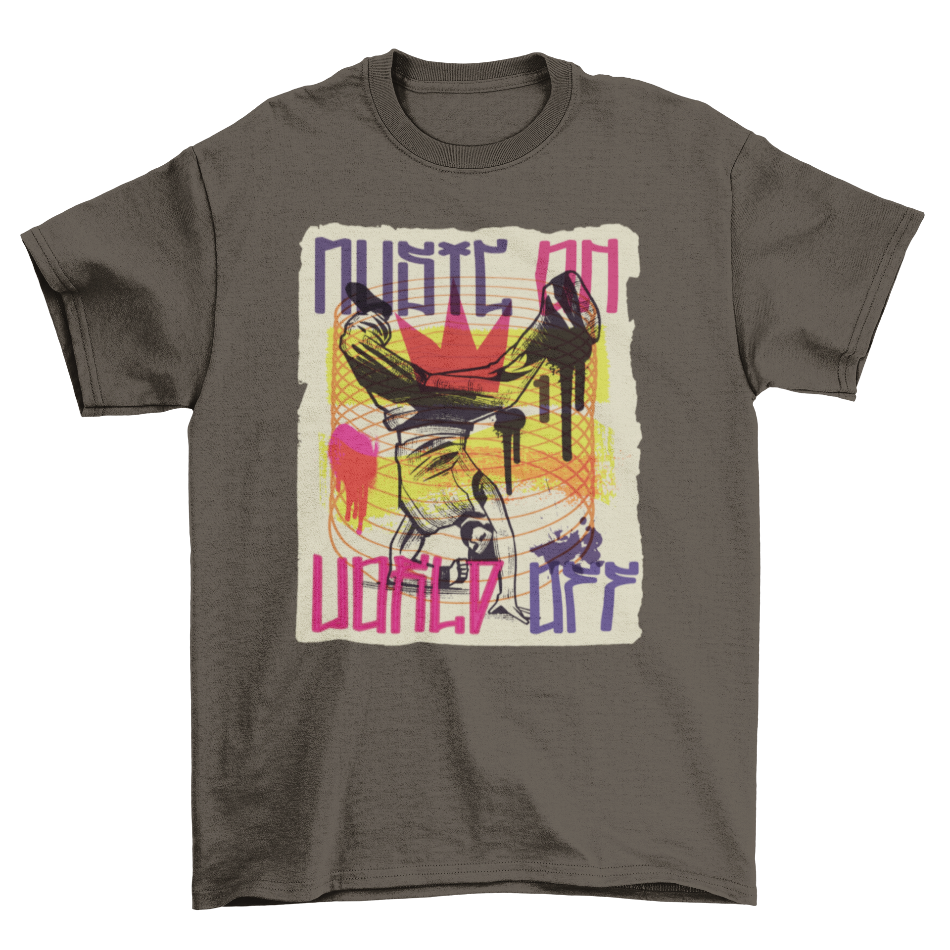 A vibrant t-shirt featuring a graffiti-style breakdancer and the quote 'Music on, world off', showcasing urban art and dance culture.