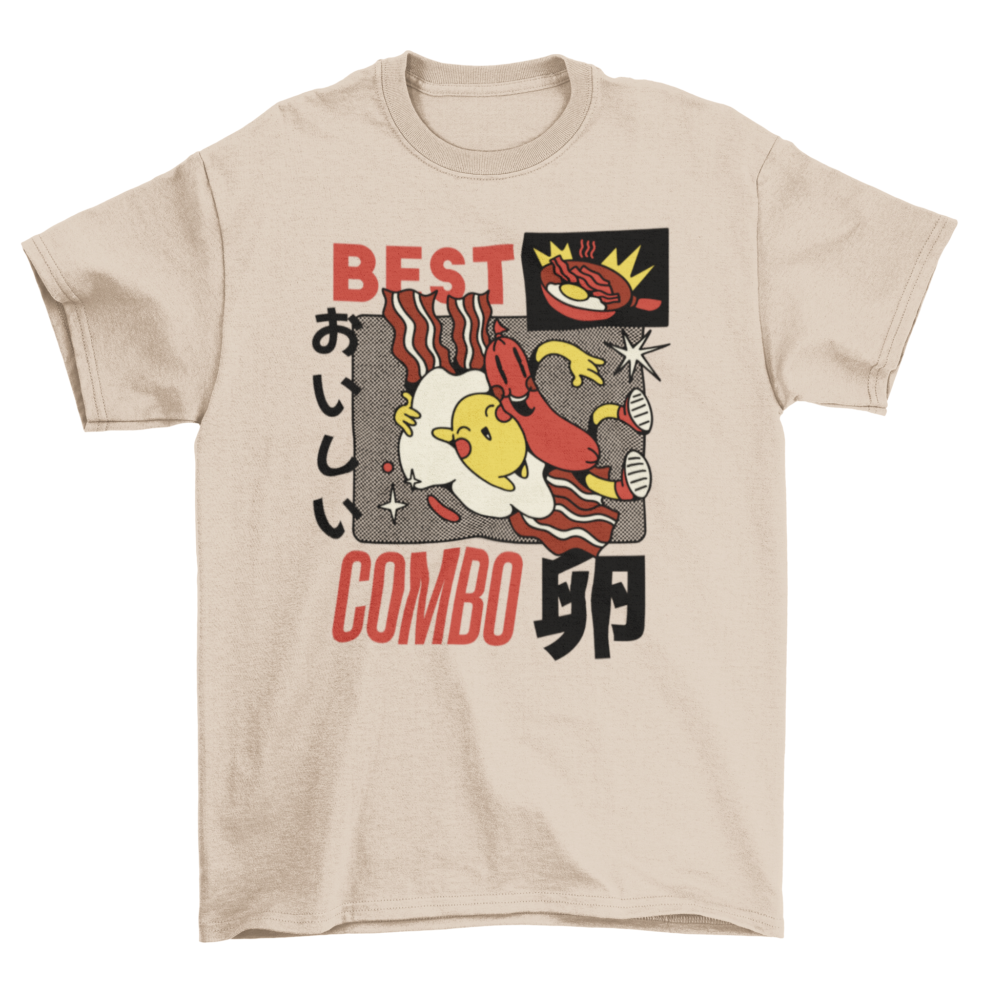 A playful retro cartoon t-shirt featuring a cute egg and sausage hugging, perfect for breakfast lovers.