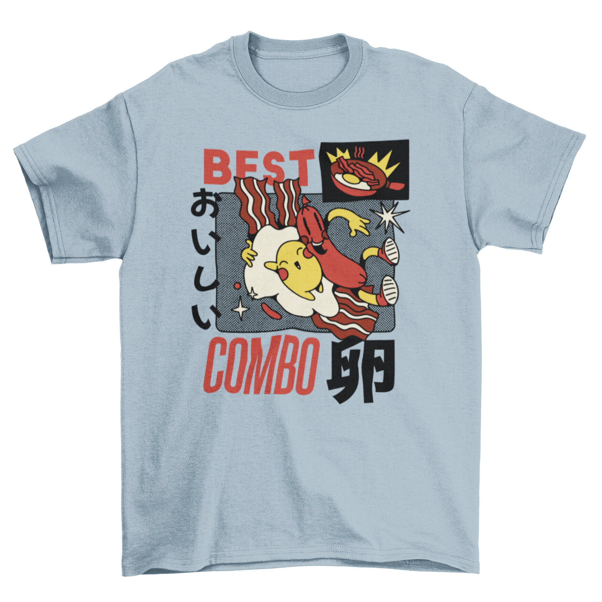 A playful retro cartoon t-shirt featuring a cute egg and sausage hugging, perfect for breakfast lovers.