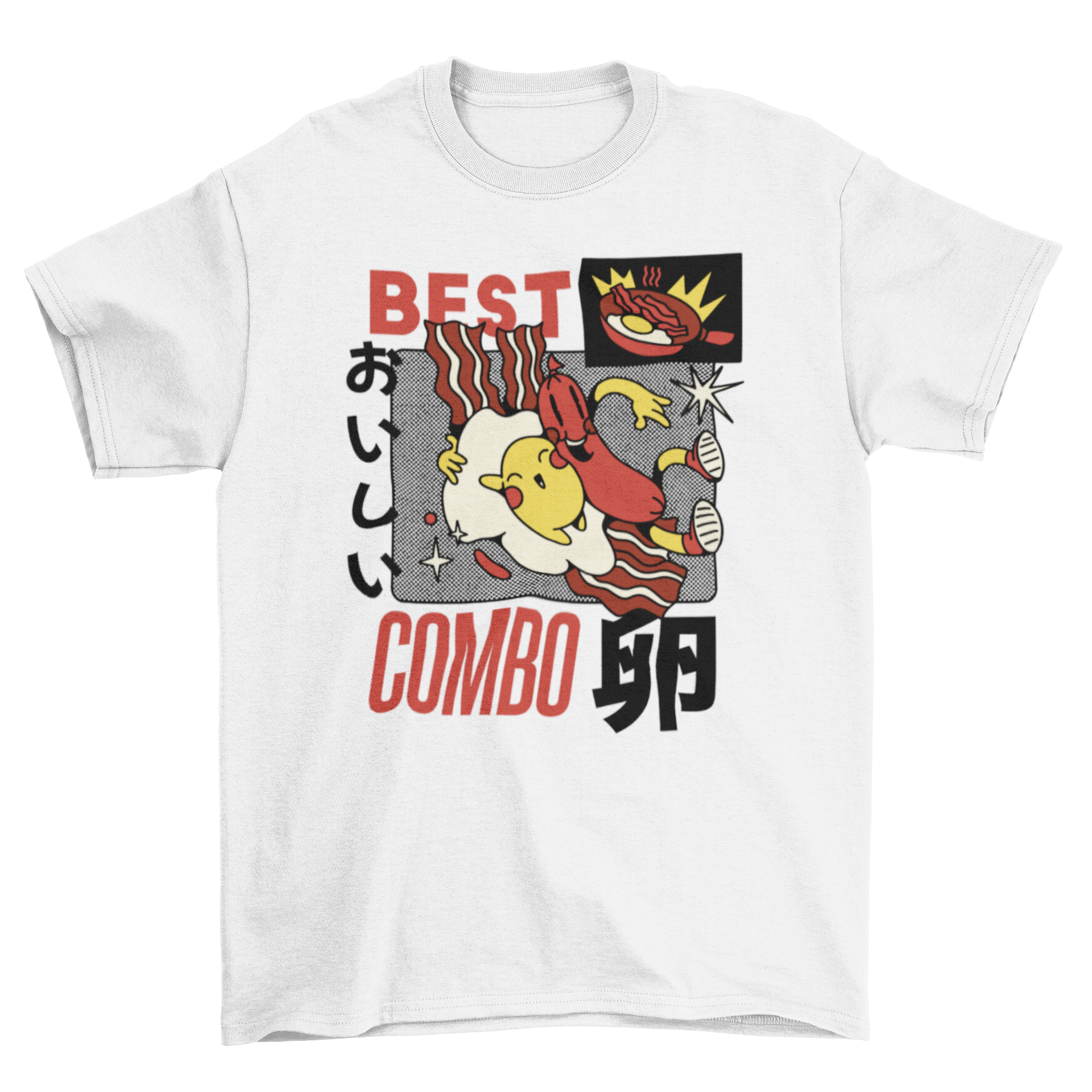 A playful retro cartoon t-shirt featuring a cute egg and sausage hugging, perfect for breakfast lovers.