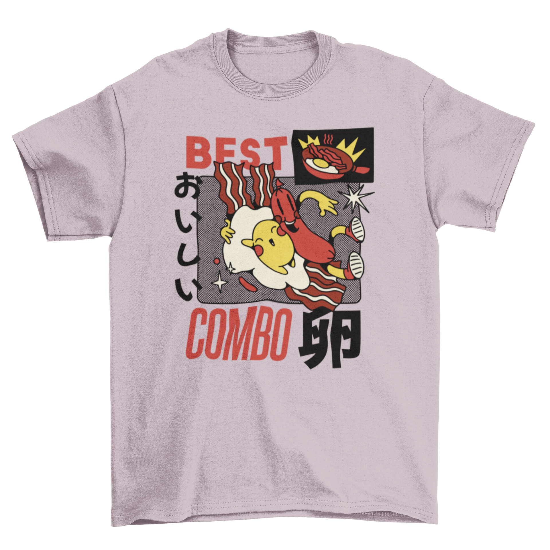 A playful retro cartoon t-shirt featuring a cute egg and sausage hugging, perfect for breakfast lovers.