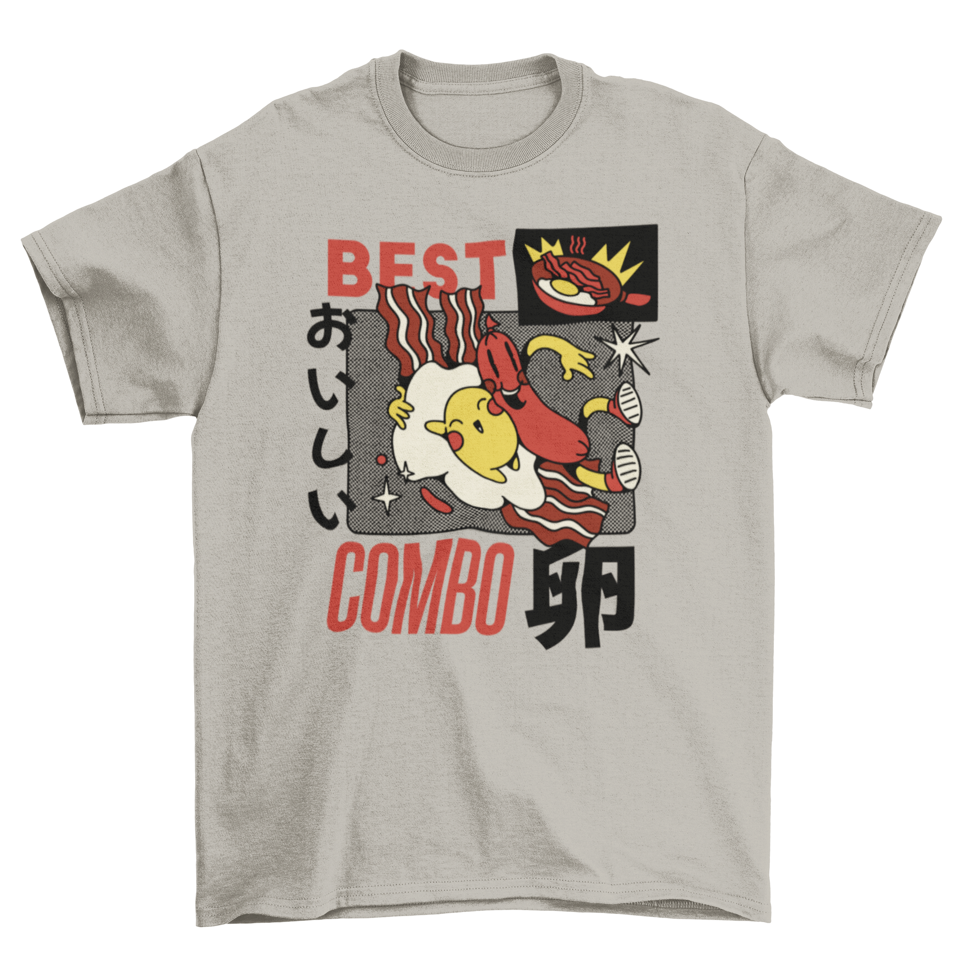 A playful retro cartoon t-shirt featuring a cute egg and sausage hugging, perfect for breakfast lovers.