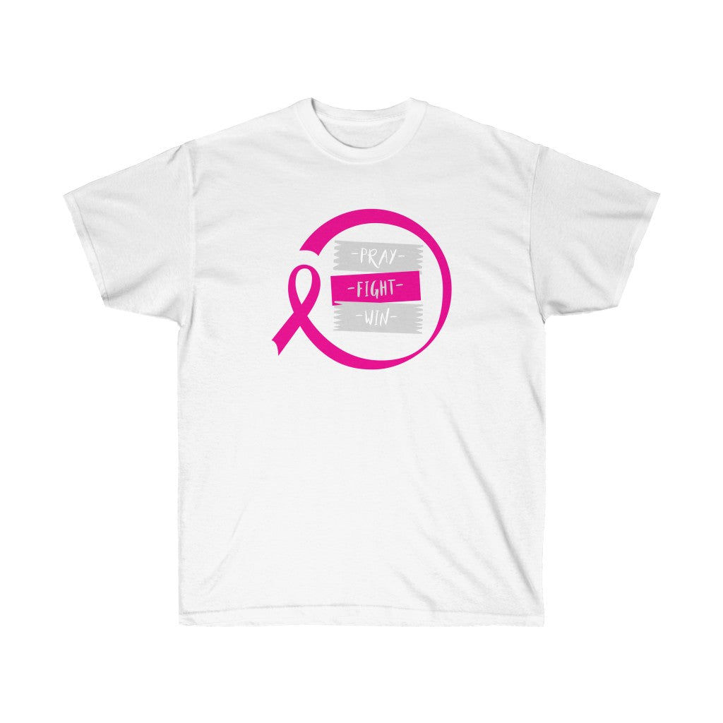 Breast Cancer Awareness Pray Fight Win T-Shirt in soft cotton, featuring a unisex retail fit and vibrant print.