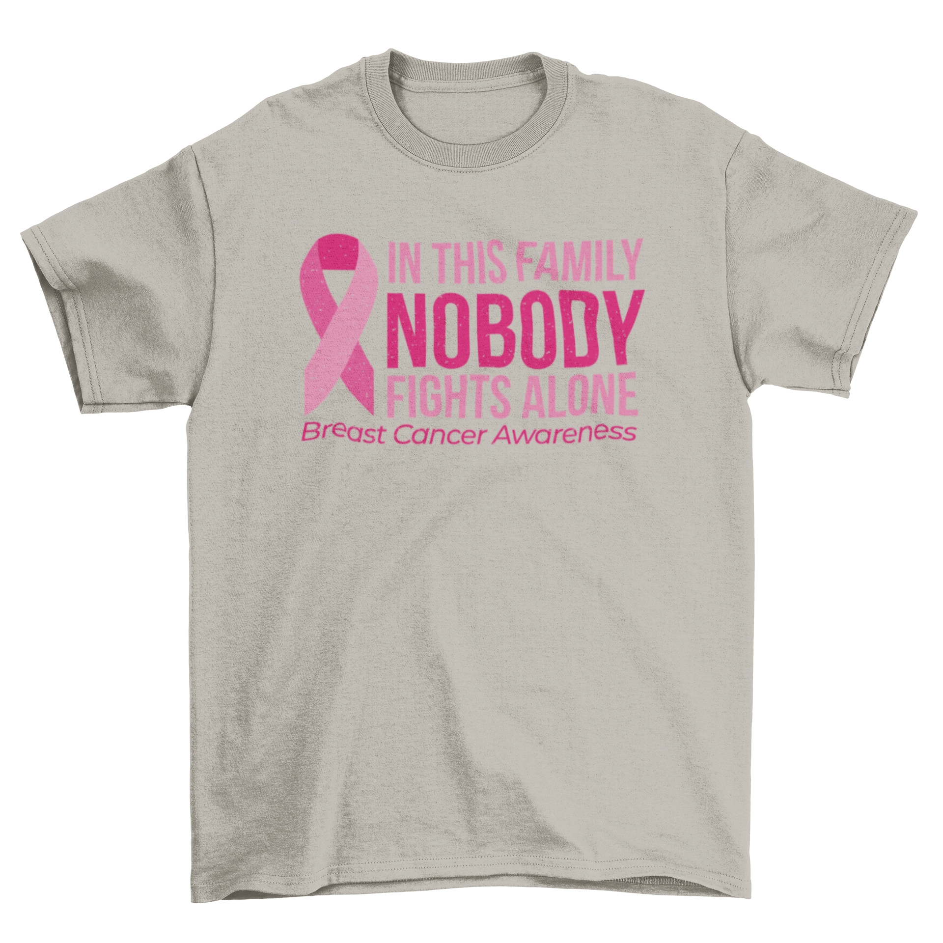 Breast cancer awareness t-shirt featuring the quote 'In this family nobody fights alone' in a stylish design.