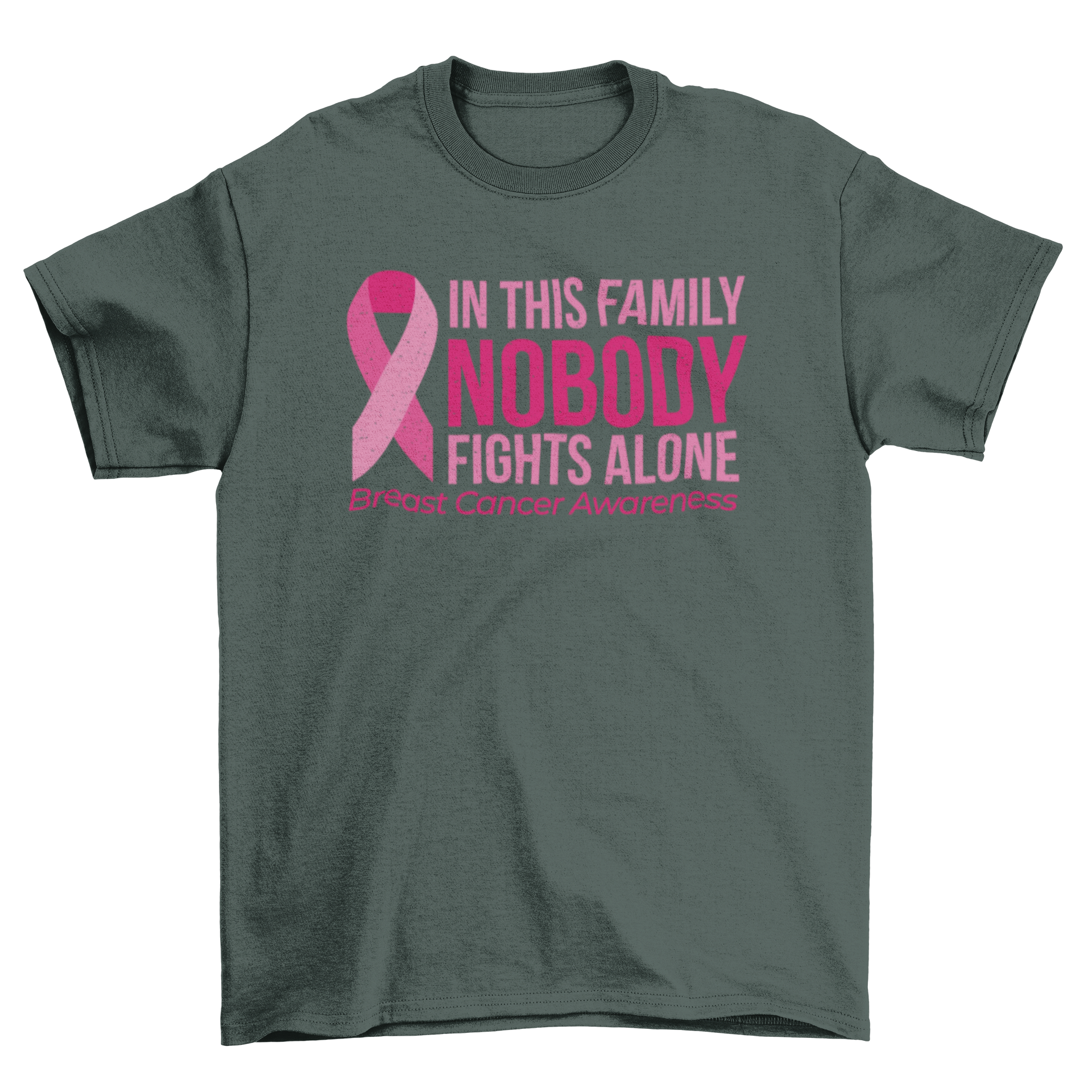 Breast cancer awareness t-shirt featuring the quote 'In this family nobody fights alone' in a stylish design.