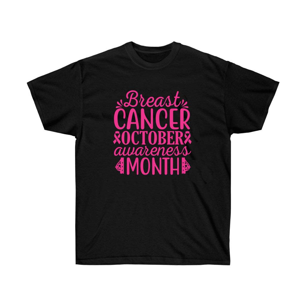 Breast Cancer Awareness Month T-Shirt in pink, made of 100% soft cotton, featuring a unisex design and retail fit.