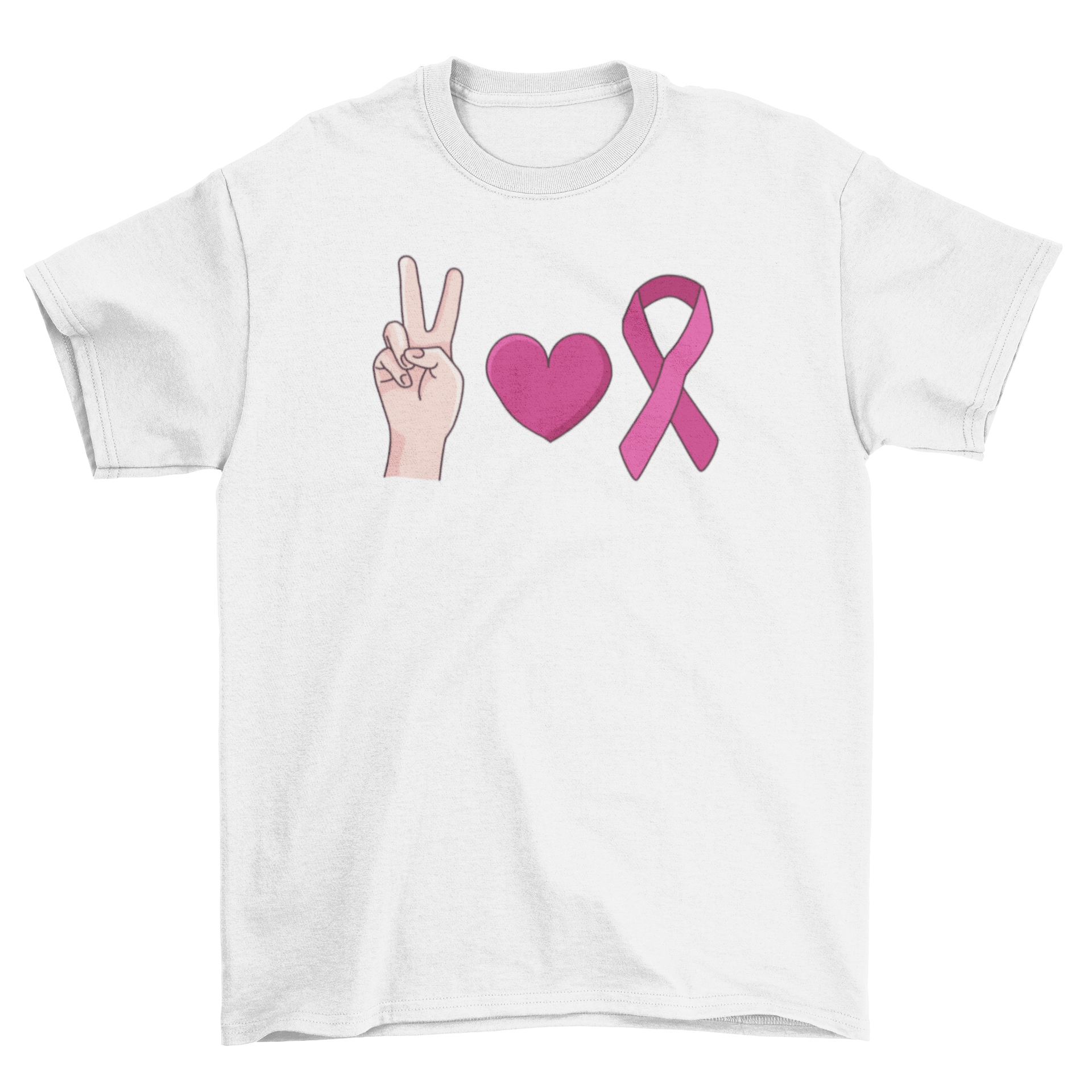 Breast cancer awareness t-shirt featuring a peace sign, heart, and pink ribbon design.