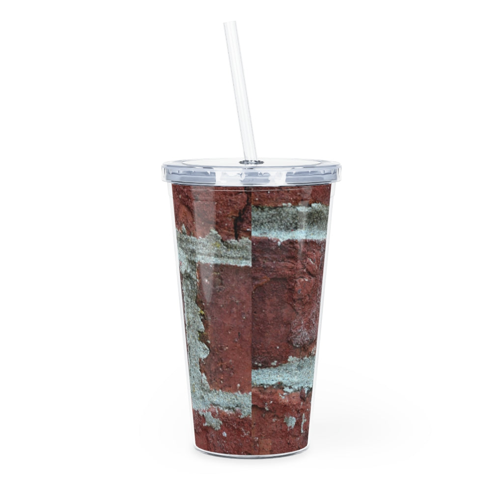 Bricks Plastic Tumbler with Straw, featuring a customizable design, lid, and reusable straw, perfect for parties and events.