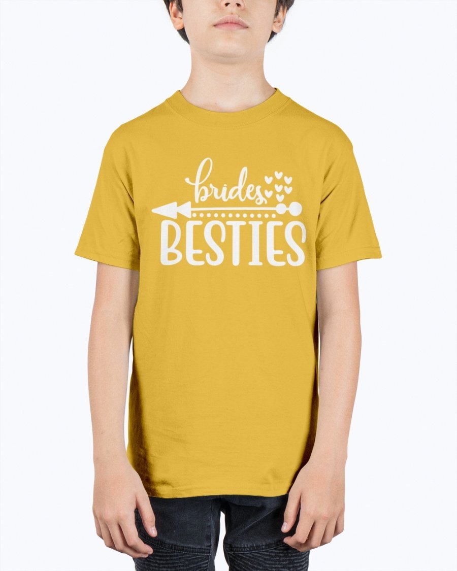 Brides Besties Youth Tee Unisex in white with stylish text, perfect for bridal parties.