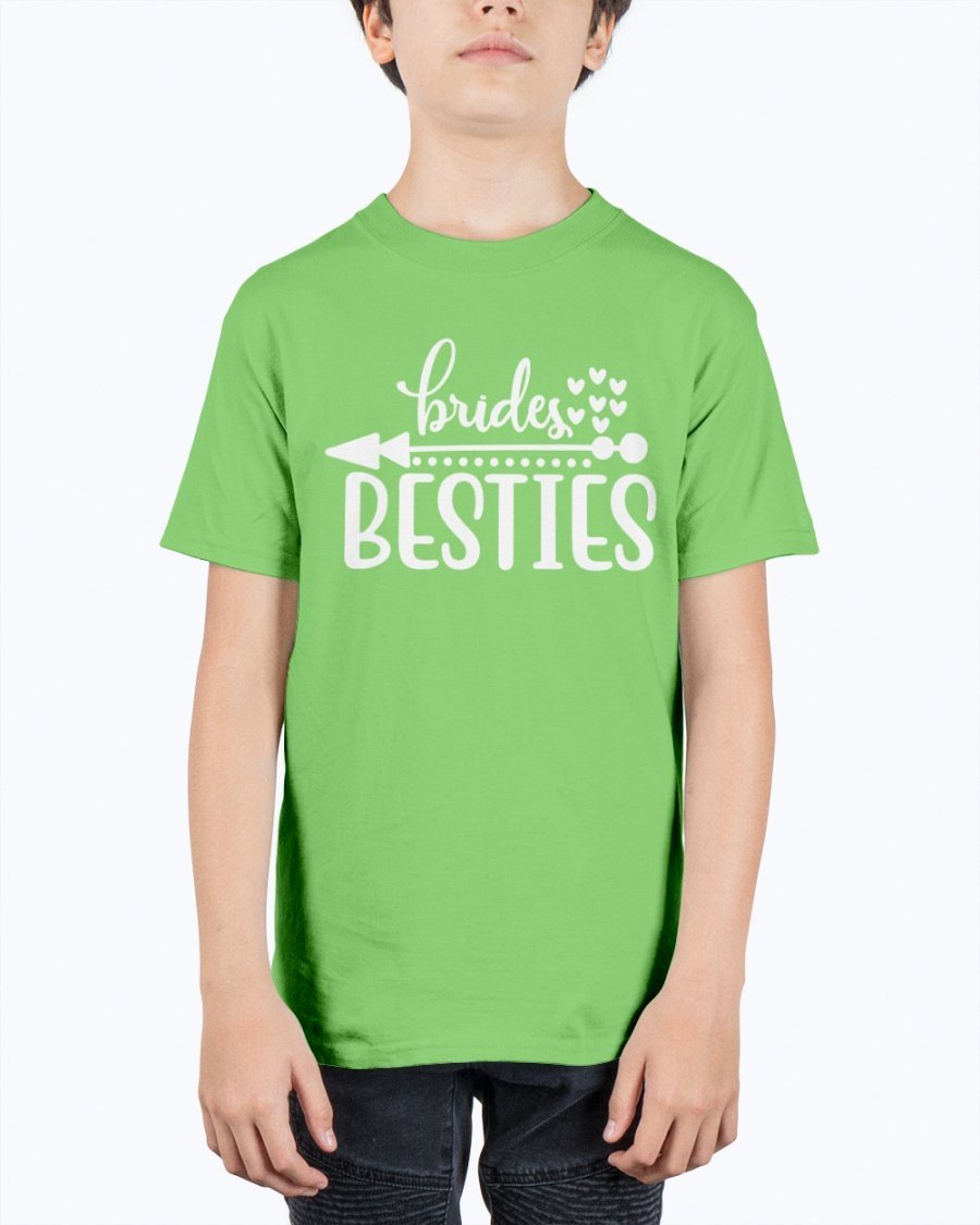 Brides Besties Youth Tee Unisex in white with stylish text, perfect for bridal parties.