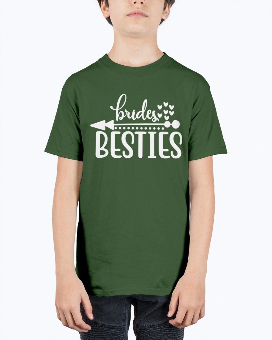 Brides Besties Youth Tee Unisex in white with stylish text, perfect for bridal parties.