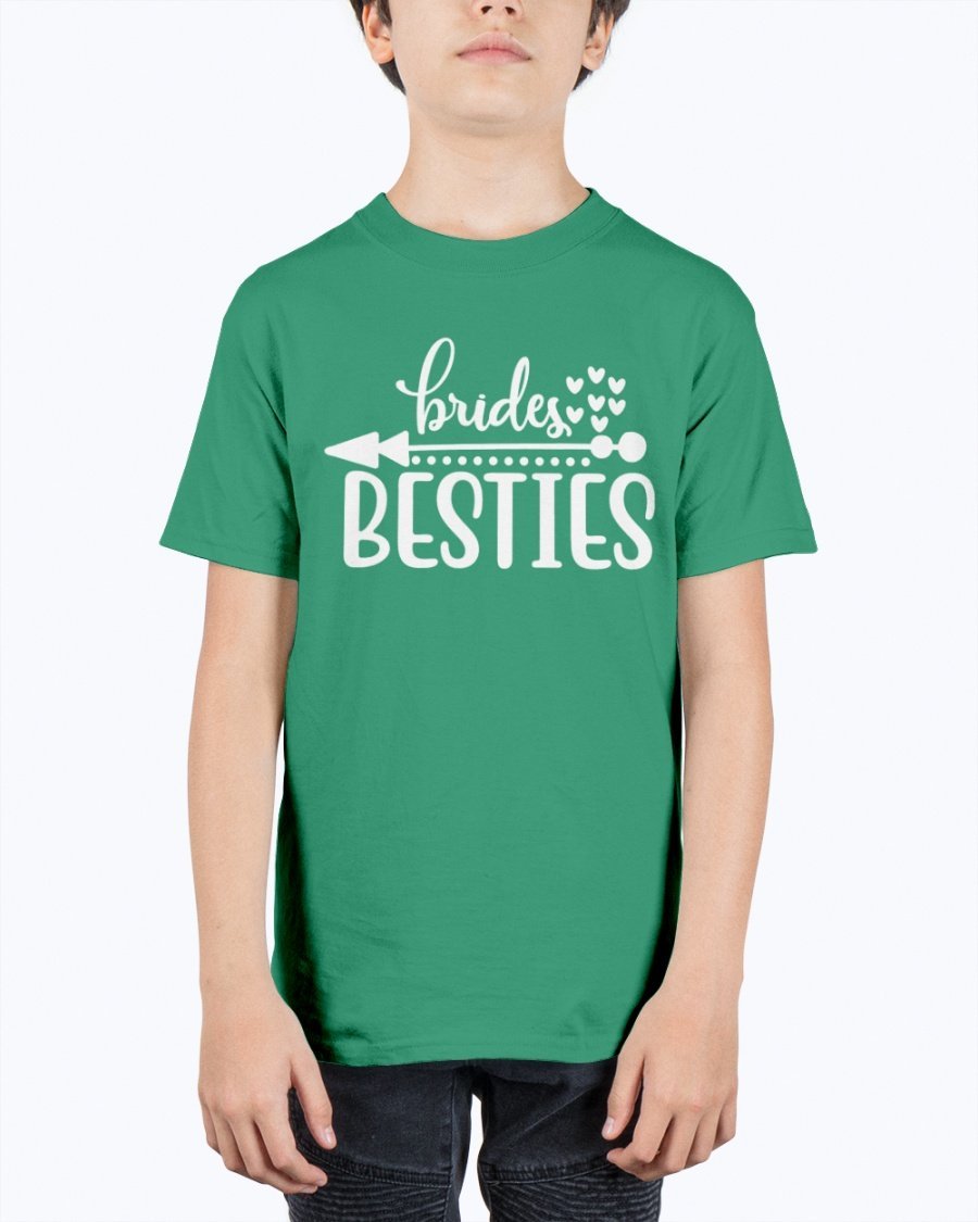 Brides Besties Youth Tee Unisex in white with stylish text, perfect for bridal parties.