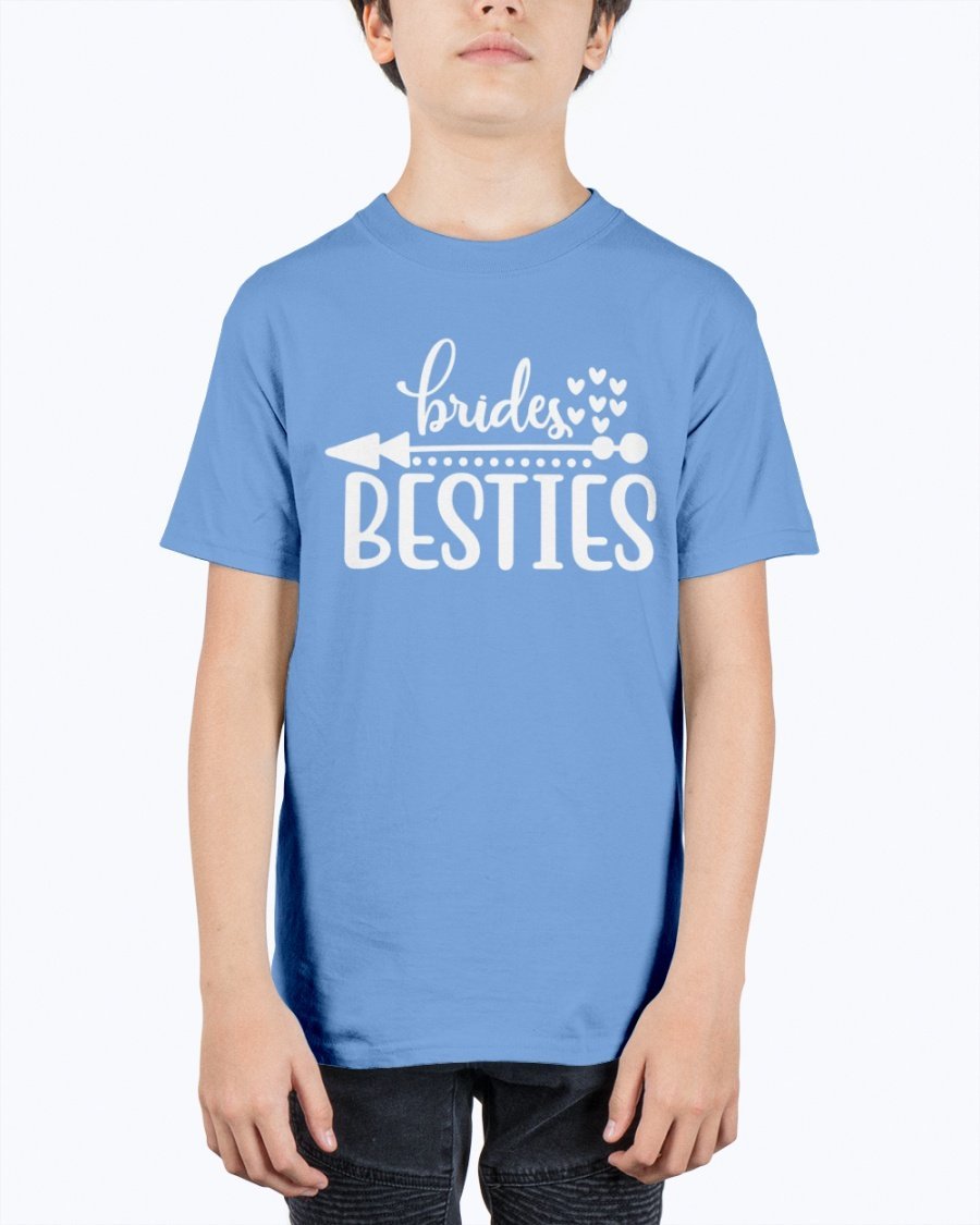 Brides Besties Youth Tee Unisex in white with stylish text, perfect for bridal parties.