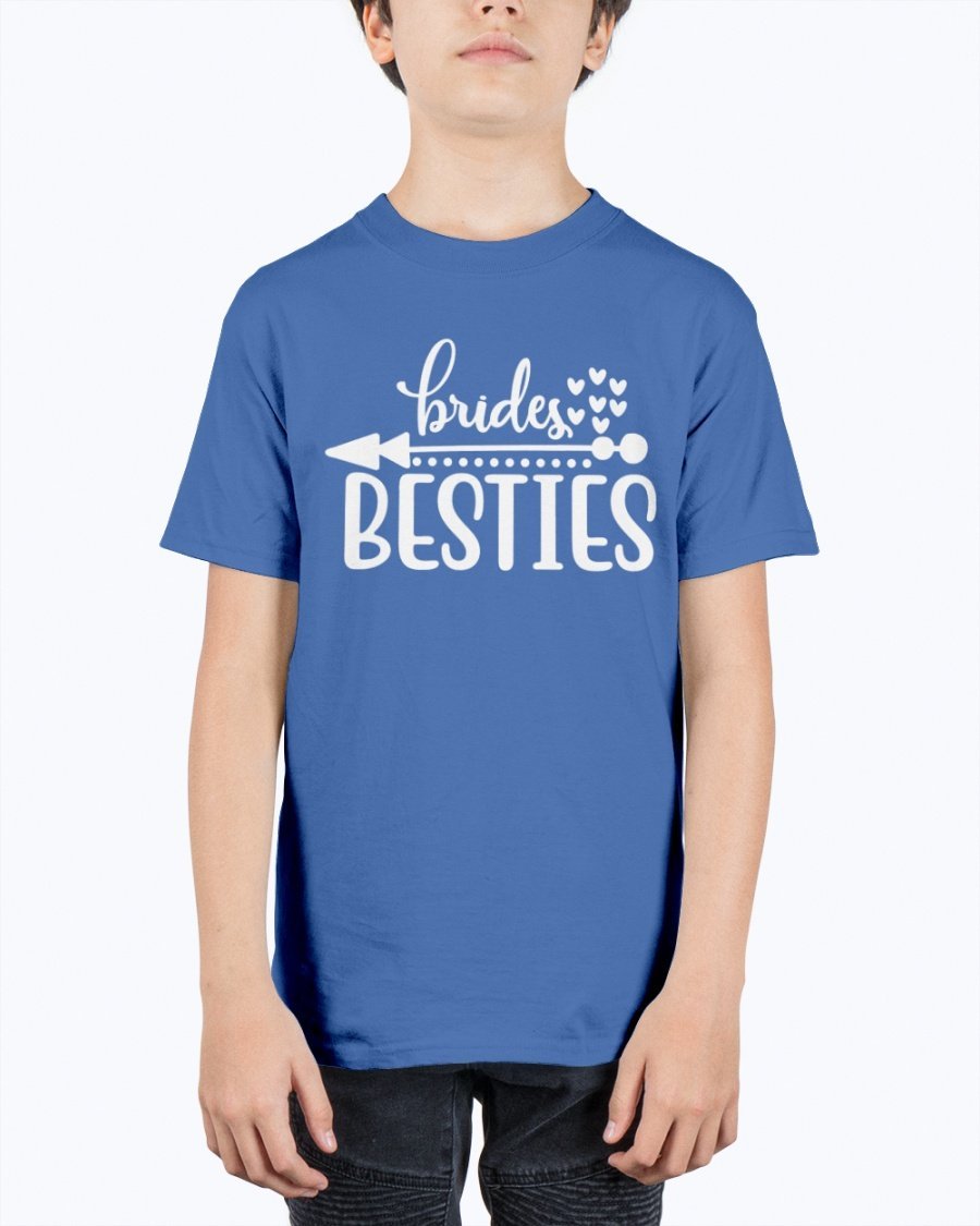 Brides Besties Youth Tee Unisex in white with stylish text, perfect for bridal parties.