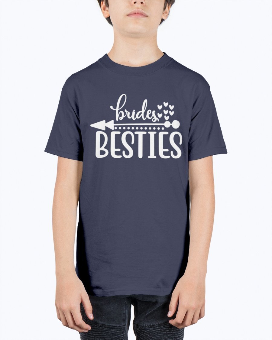 Brides Besties Youth Tee Unisex in white with stylish text, perfect for bridal parties.