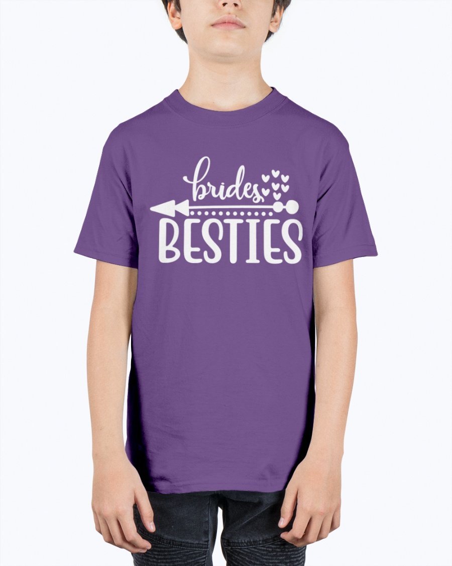 Brides Besties Youth Tee Unisex in white with stylish text, perfect for bridal parties.