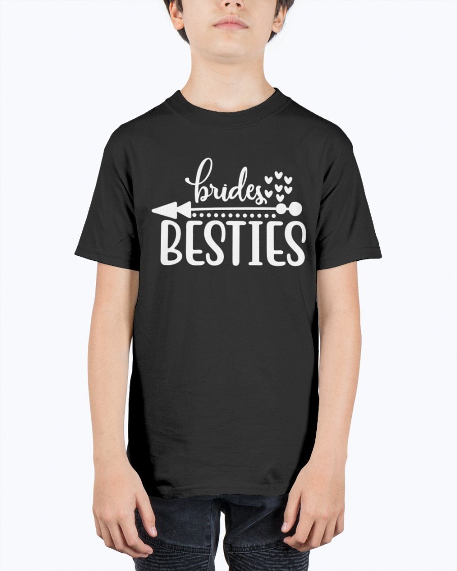 Brides Besties Youth Tee Unisex in white with stylish text, perfect for bridal parties.